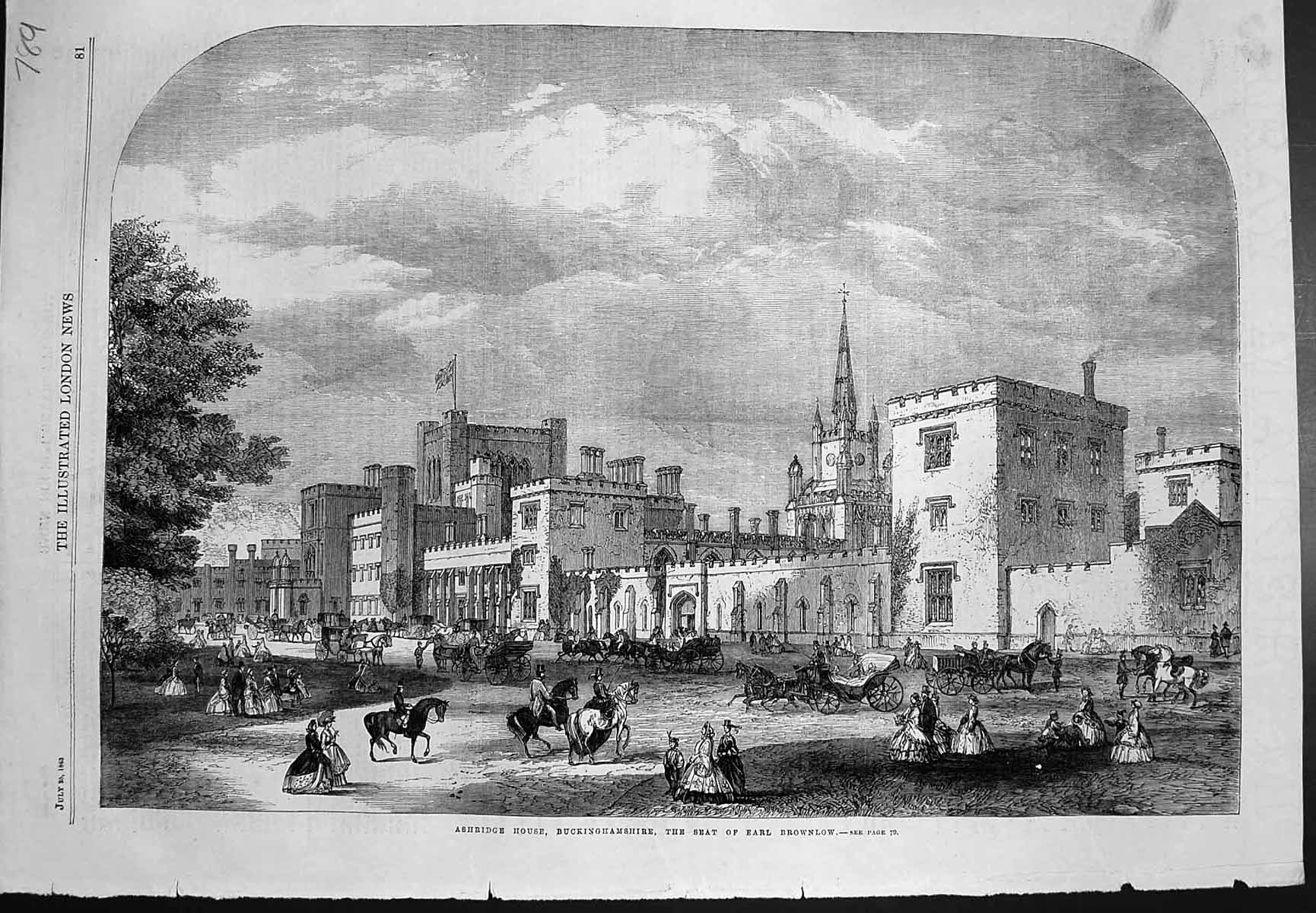 Old Antique Print Ashbridge House Buckinghamshire Seat Earl Brownlow 1863 19th
