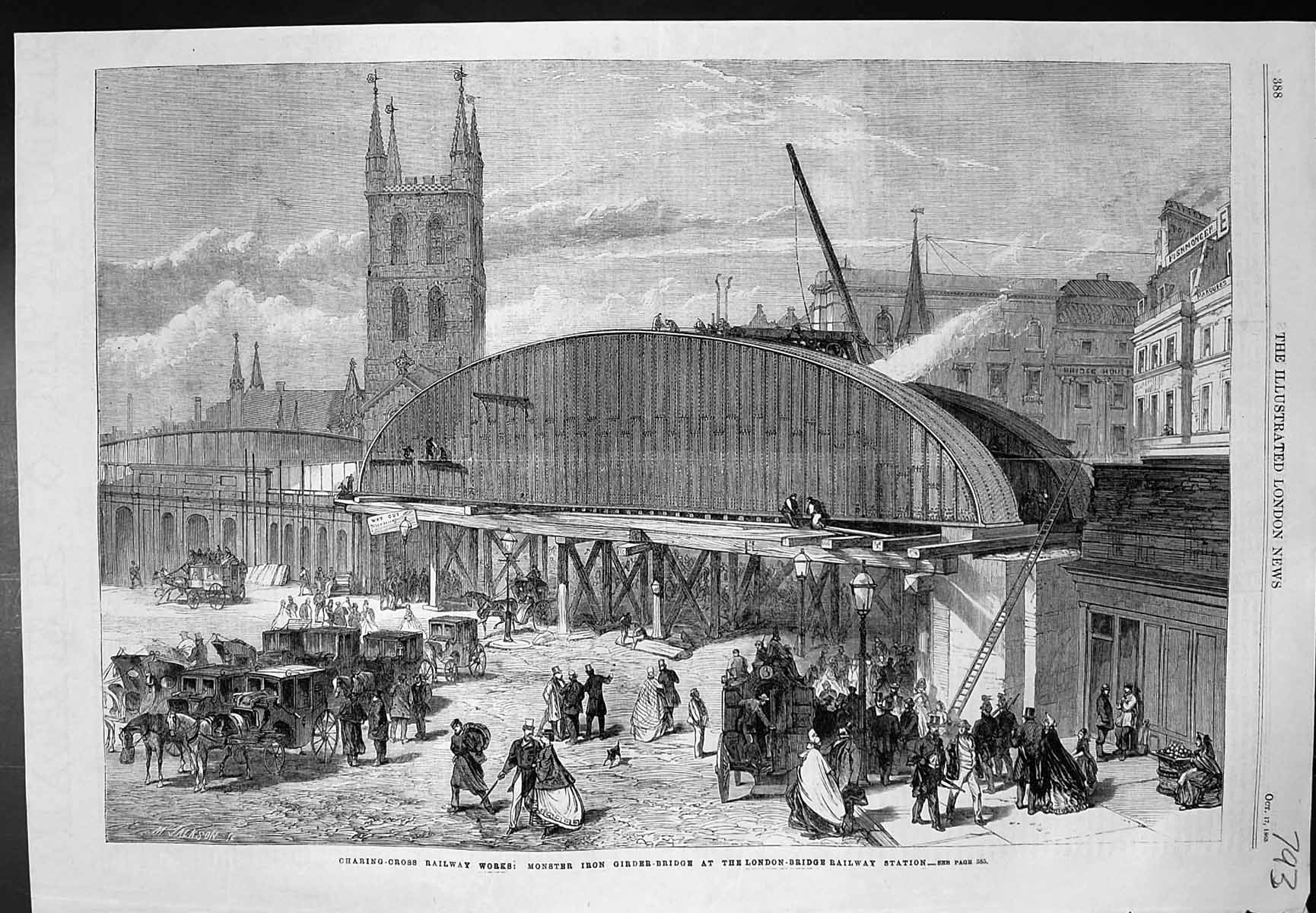 Antique Print Charing Cross Railway Iron Bridge London Railway Station 1863