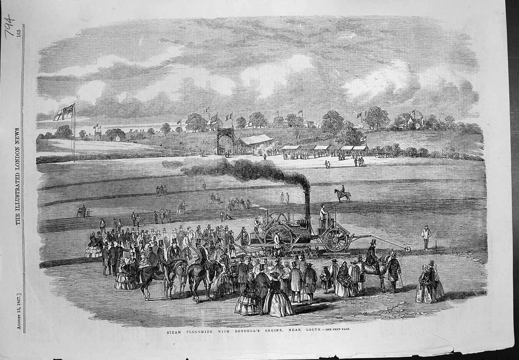 Original Old Antique Print Steam Ploughing Boydells Engine Near Louth 1857 19th