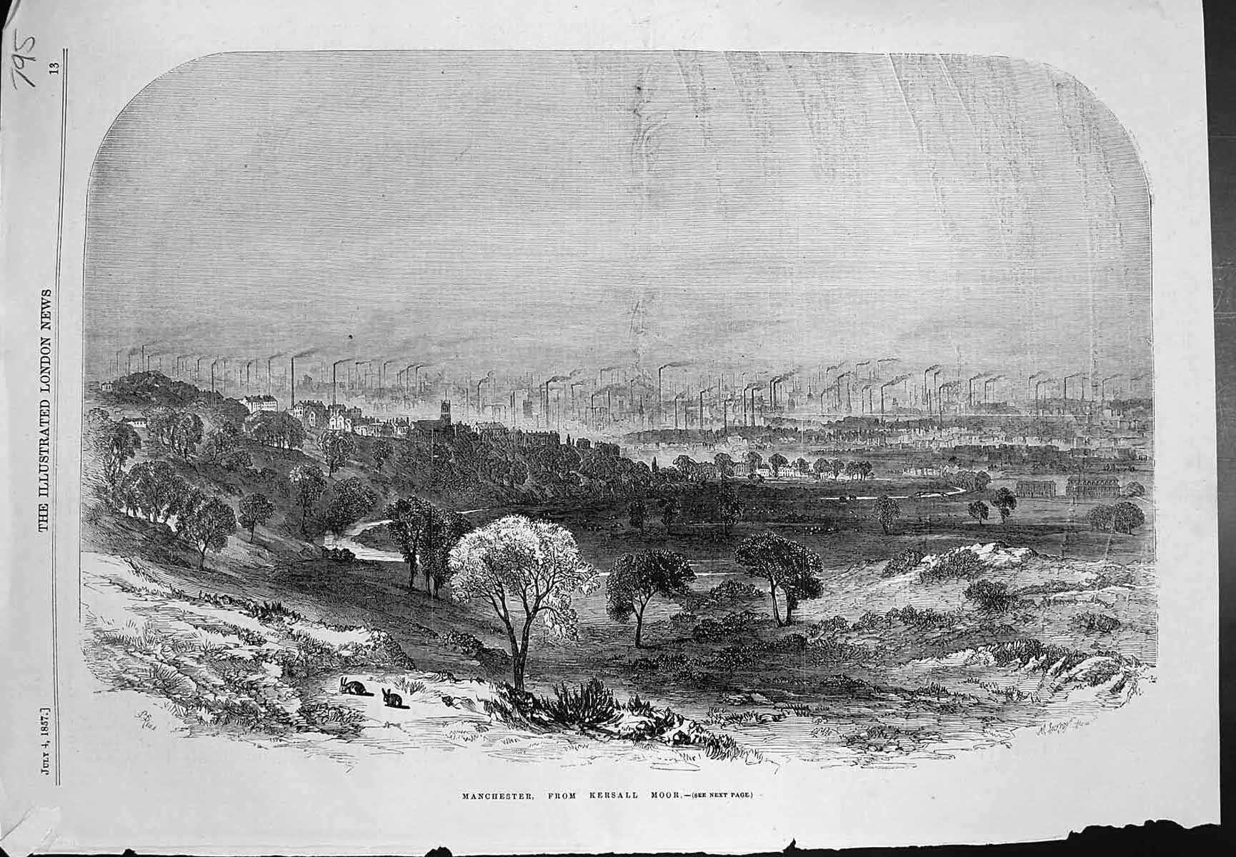 Antique Old Print Manchester From Kersall Moor Smoke Chimneys Factories 1857