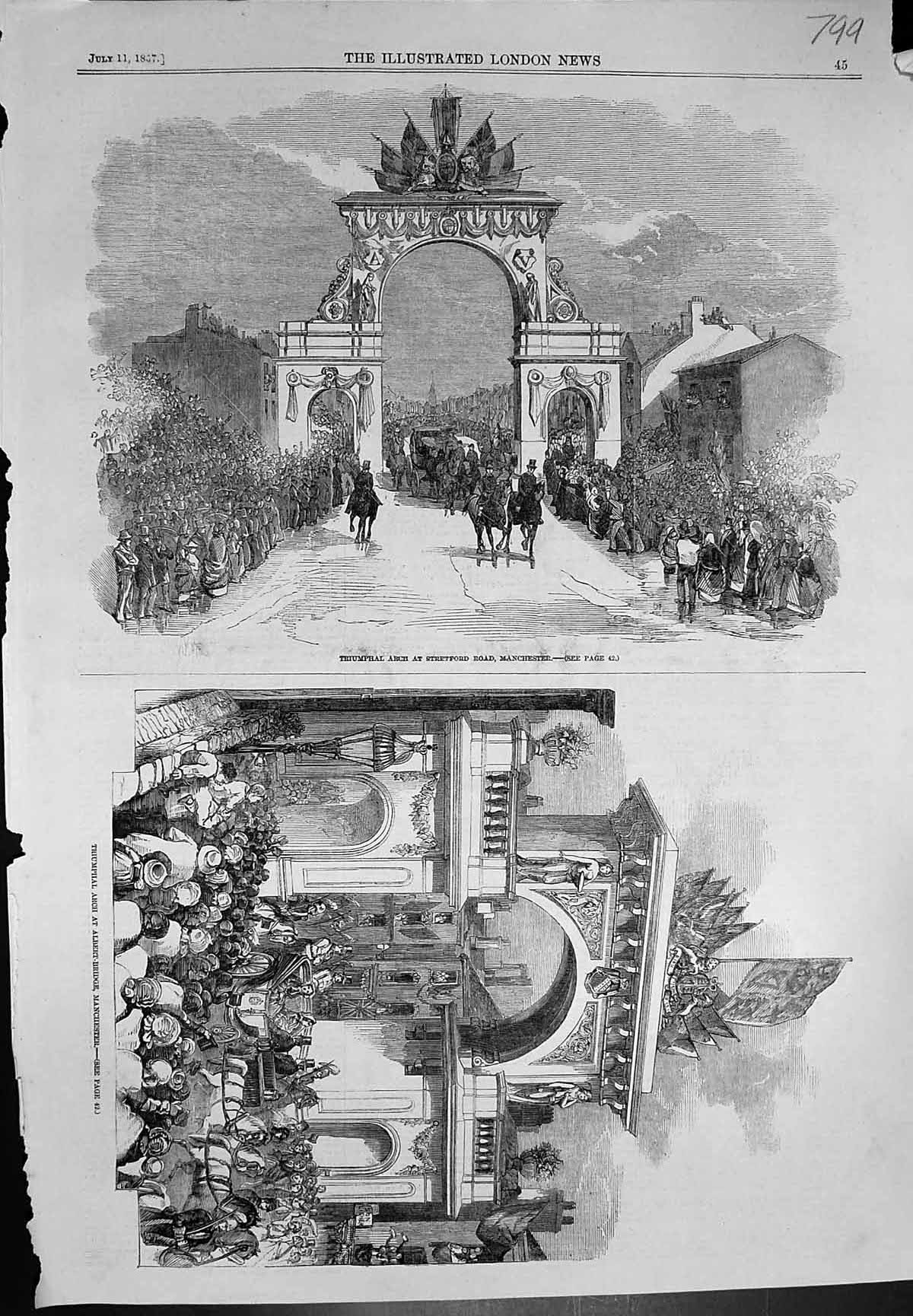 Old Print Triumphal Arch Stretford Rd Manchester Albert Bridge Manch 1857 19th