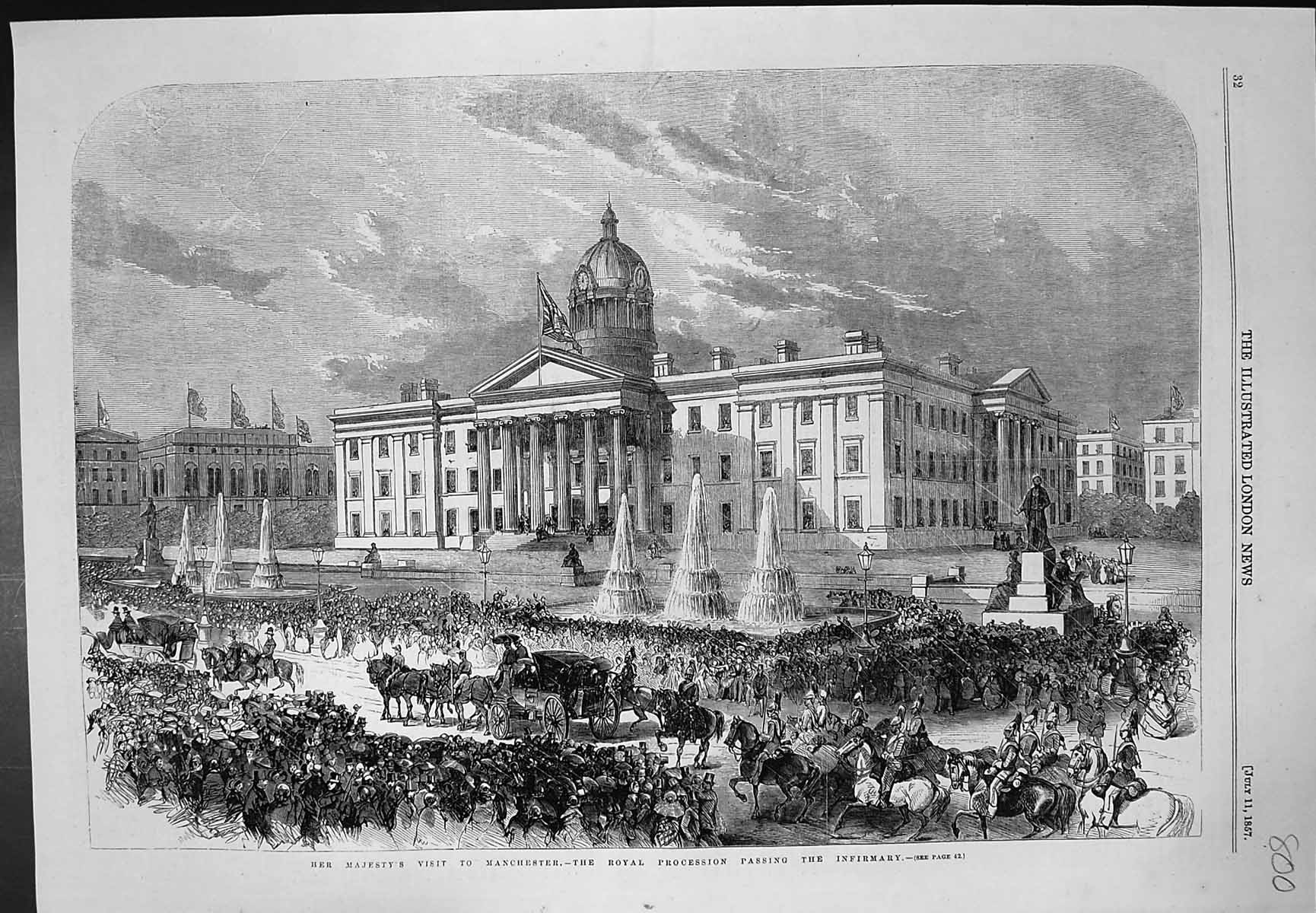 Old Print Queens Visit Manchester Royal Procession Passing Infirmary 1857 19th
