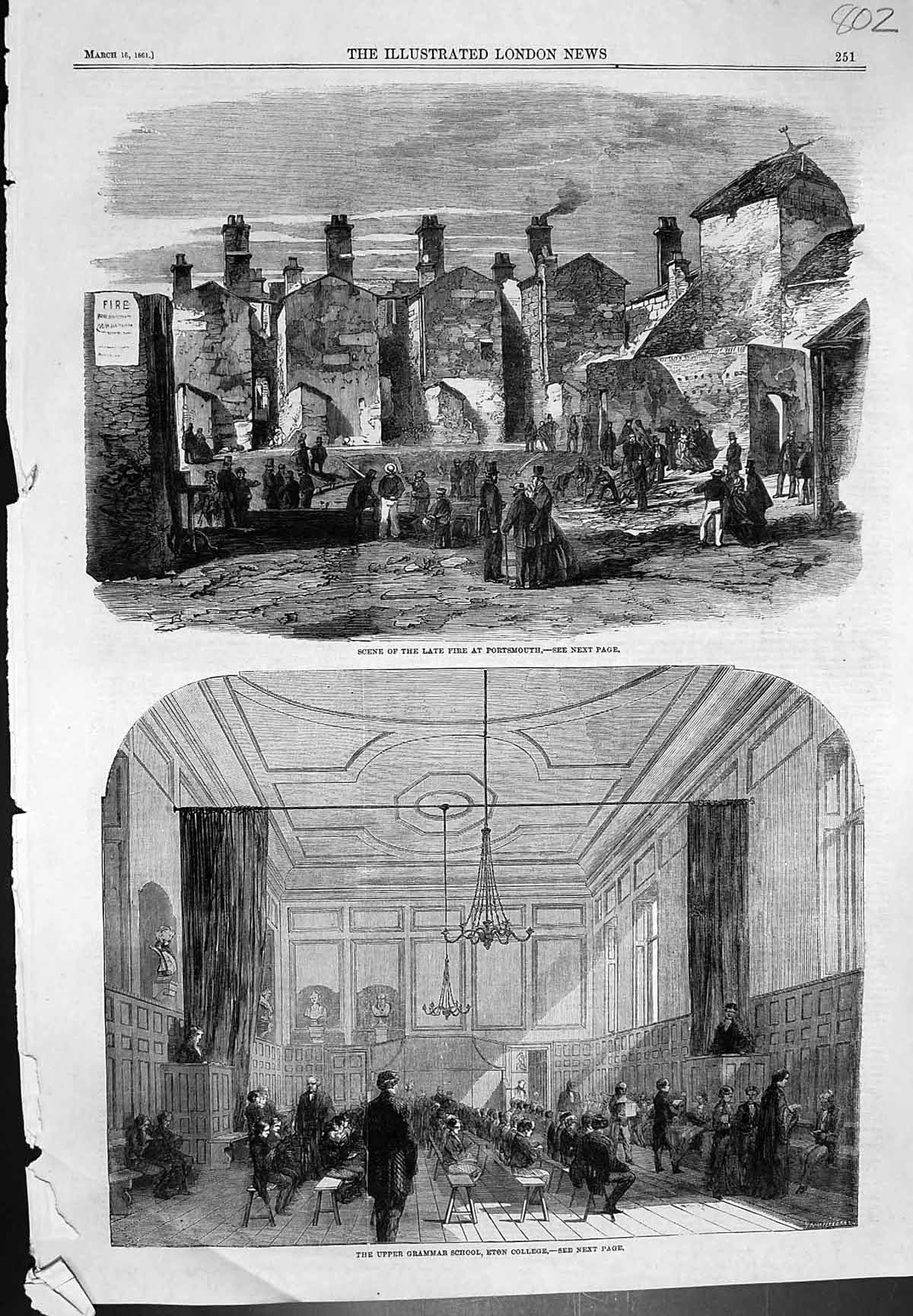 Antique Print Scene Fire Portsmouth Upper Grammar School Eton College 1861 19th