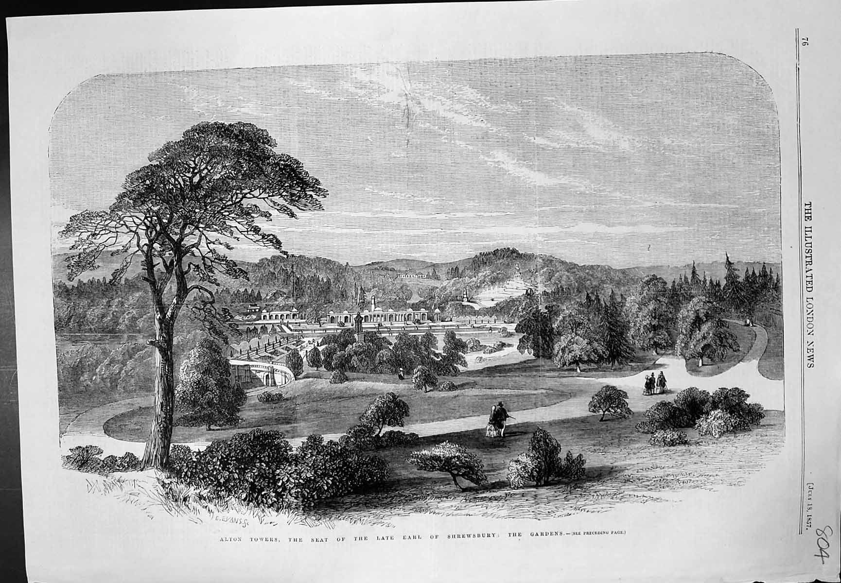 Old Antique Print Alton Towers Seat Earl Shrewsbury Gardens E Evans 1857 19th