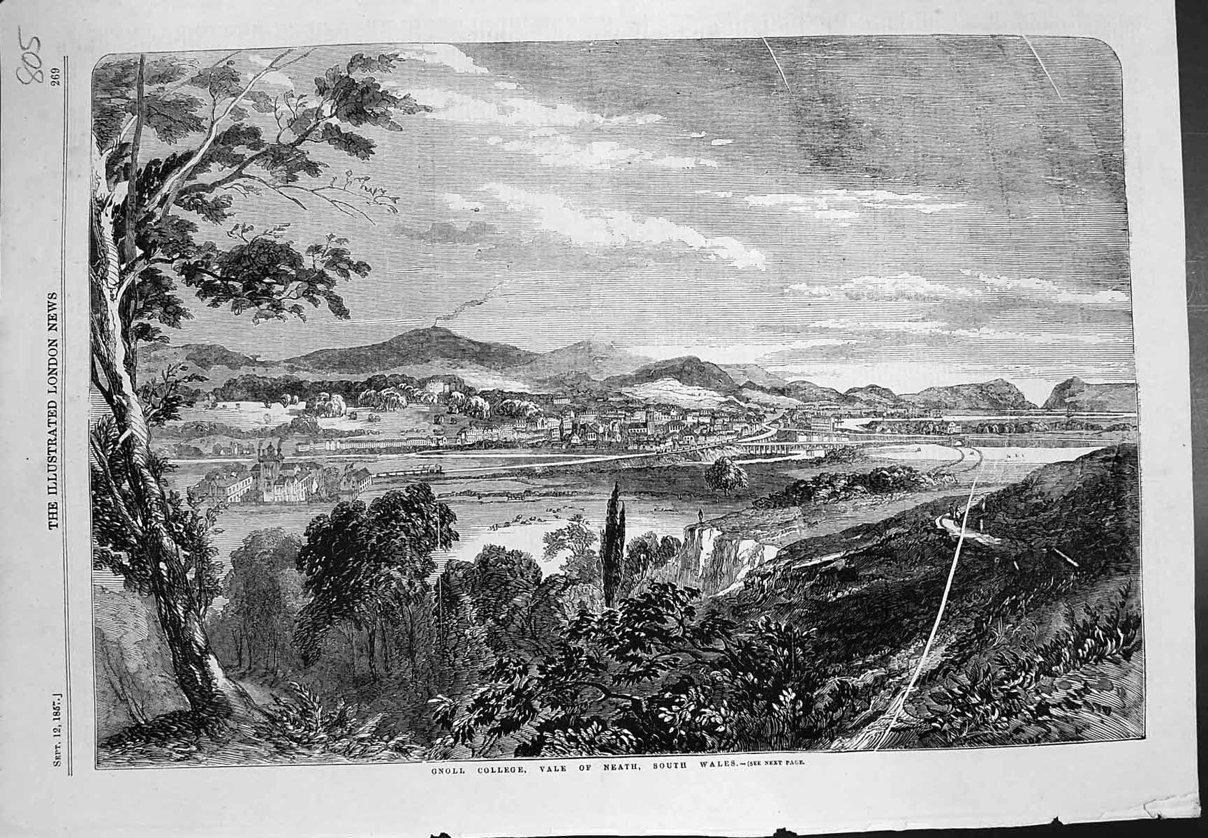 Original Old Antique Print Gnoll College Vale Neath South Wales 1857 Victorian
