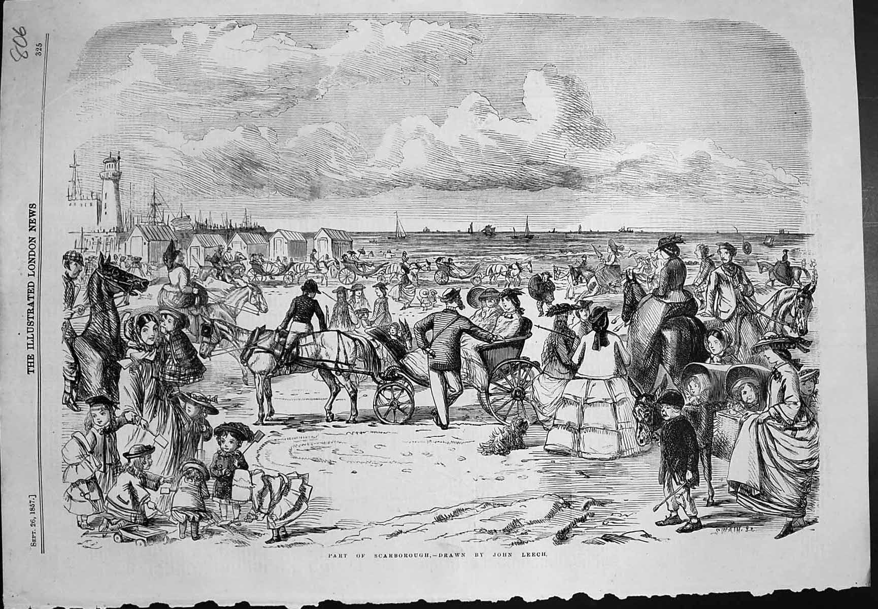 Old Part Scarborough John Leech Sea Lighthouse Beach Huts Crowds 1857 Victorian