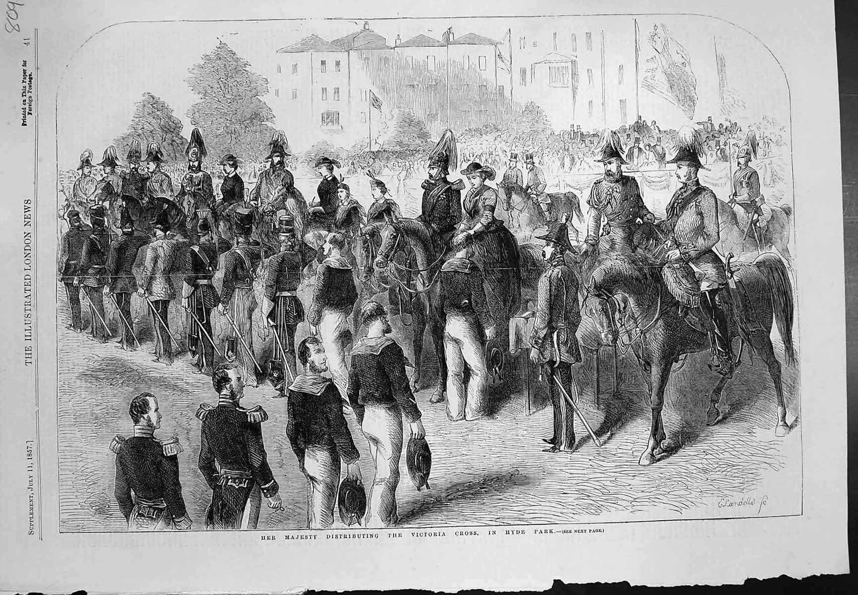 Old Antique Print Her Majesty Distributing Victoria Cross Hyde Park 1857 19th