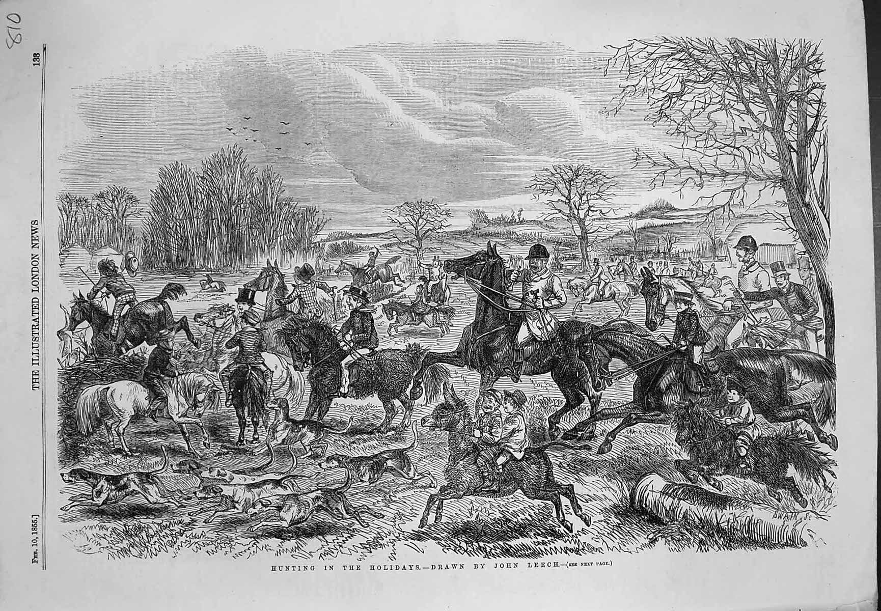 Antique Old Print Hunting In Holidays John Leech Horses Children Ponies 1855