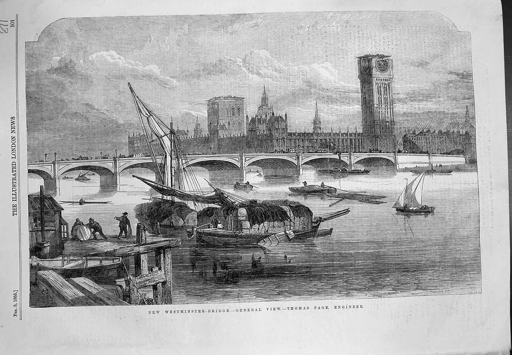 Antique Print New Westminster Bridge General View Thomas Page Engineer 1855