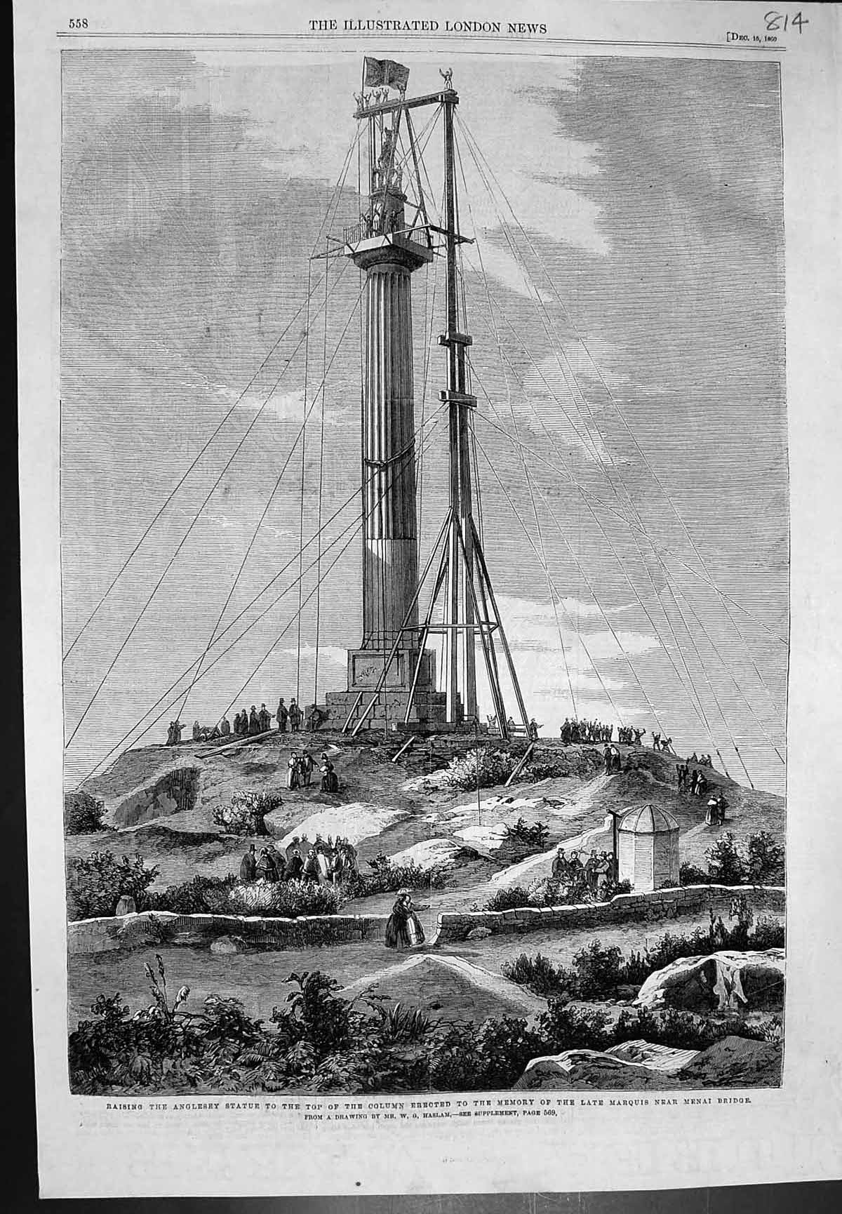 Old Print Raising Anglesey Statue Column Memory Marquis Menai Bridge 1860 19th