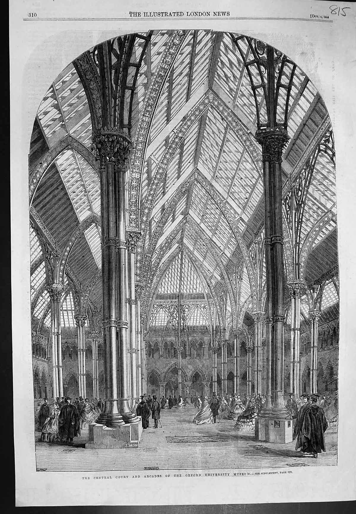 Original Old Antique Print Central Court Arcades Oxford University Museum 1860