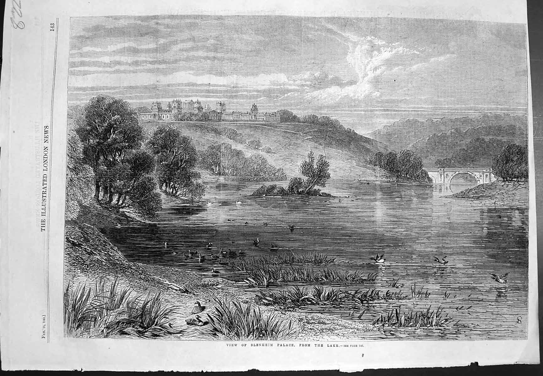 Original Old Antique Print View Blenheim Palace From Lake Bridge 1861 Victorian