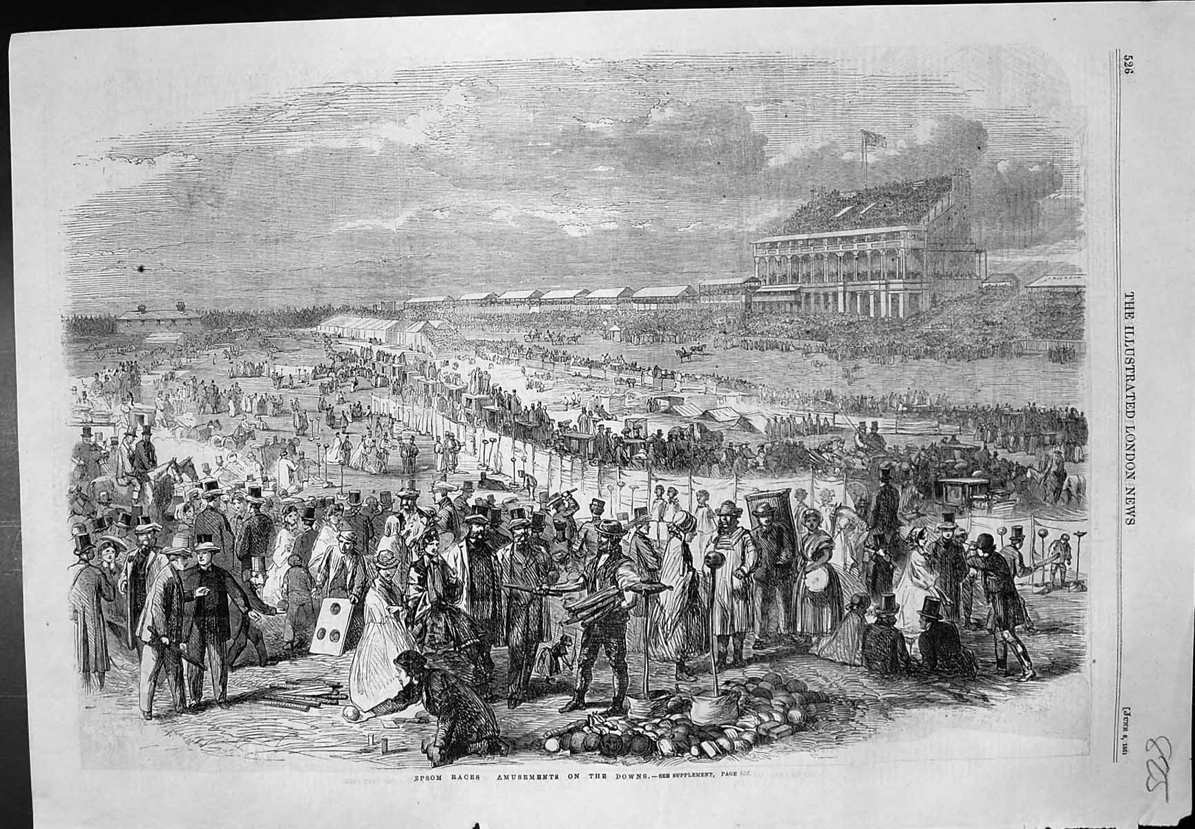 Original Old Antique Print Epsom Races Amusements On Downs Crowds People 1861