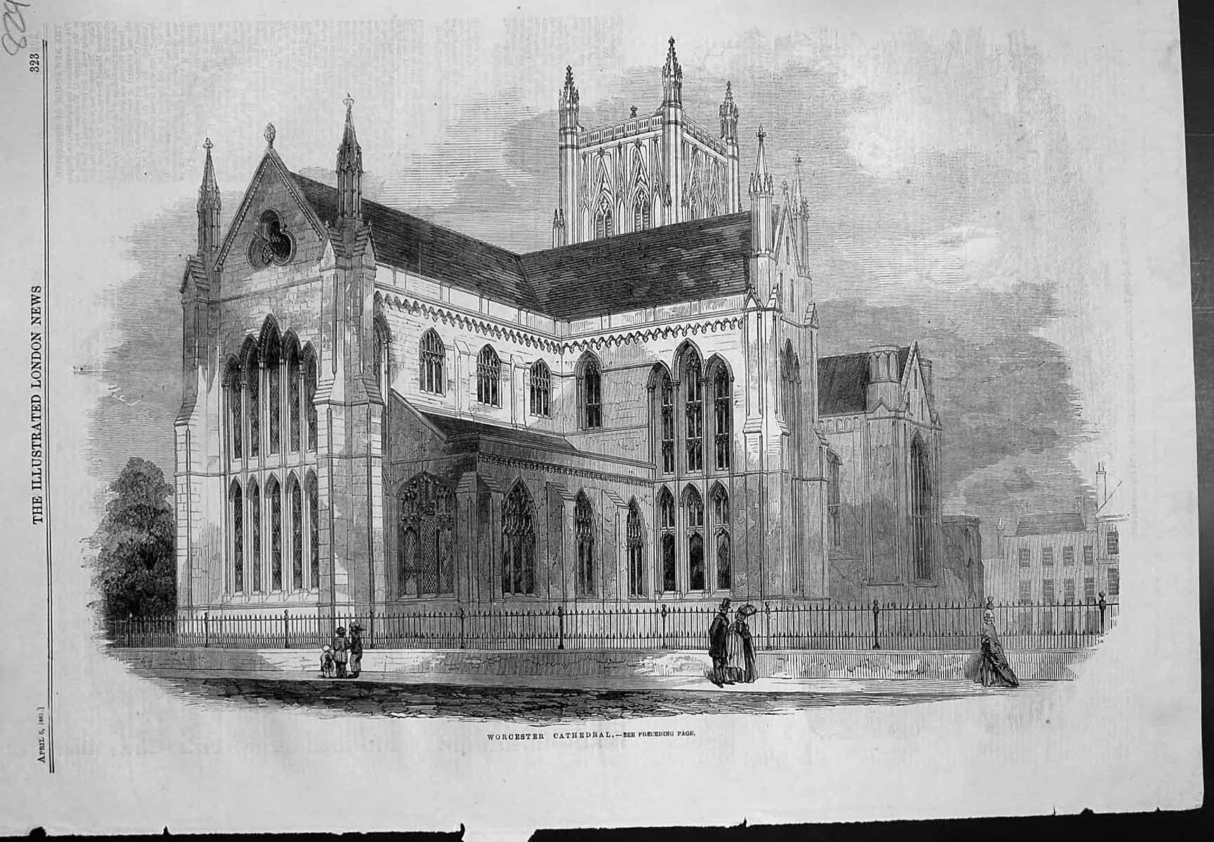 Original Old Antique Print Worcester Cathedral Exterior View 1861 Victorian