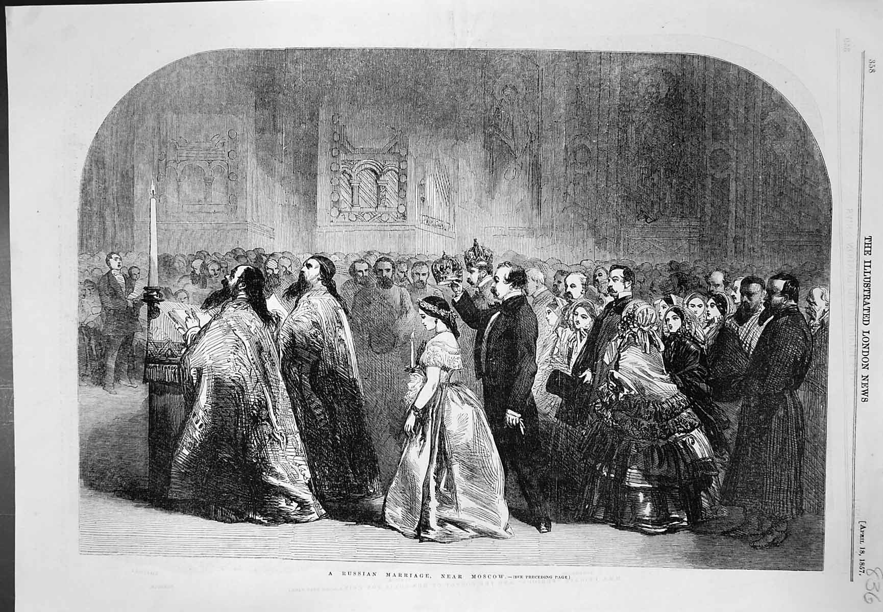 Original Old Antique Print Russian Marriage Near Moscow Bride Groom Crowns 1857