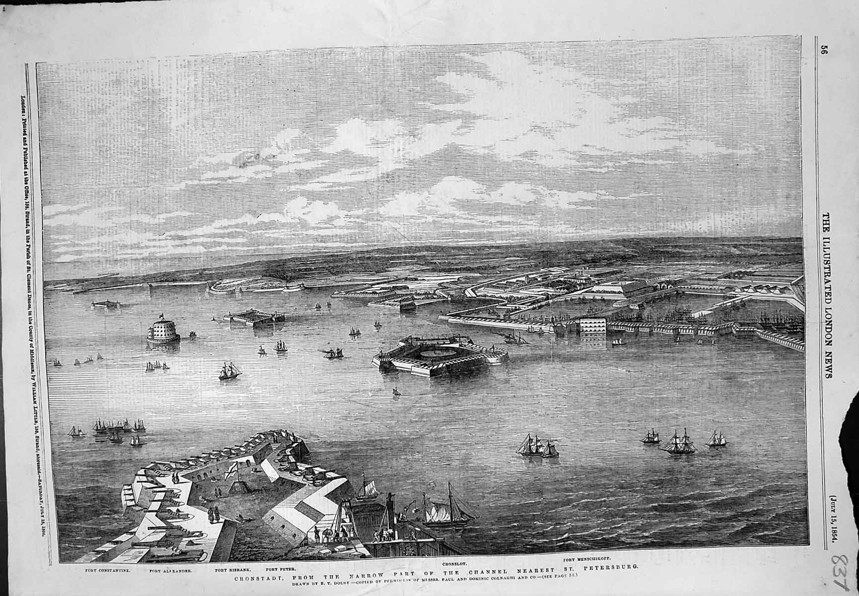 Old Print Cronstadt Narrow Part Channel Cronslot Fort Peter E Dolby 1854 19th