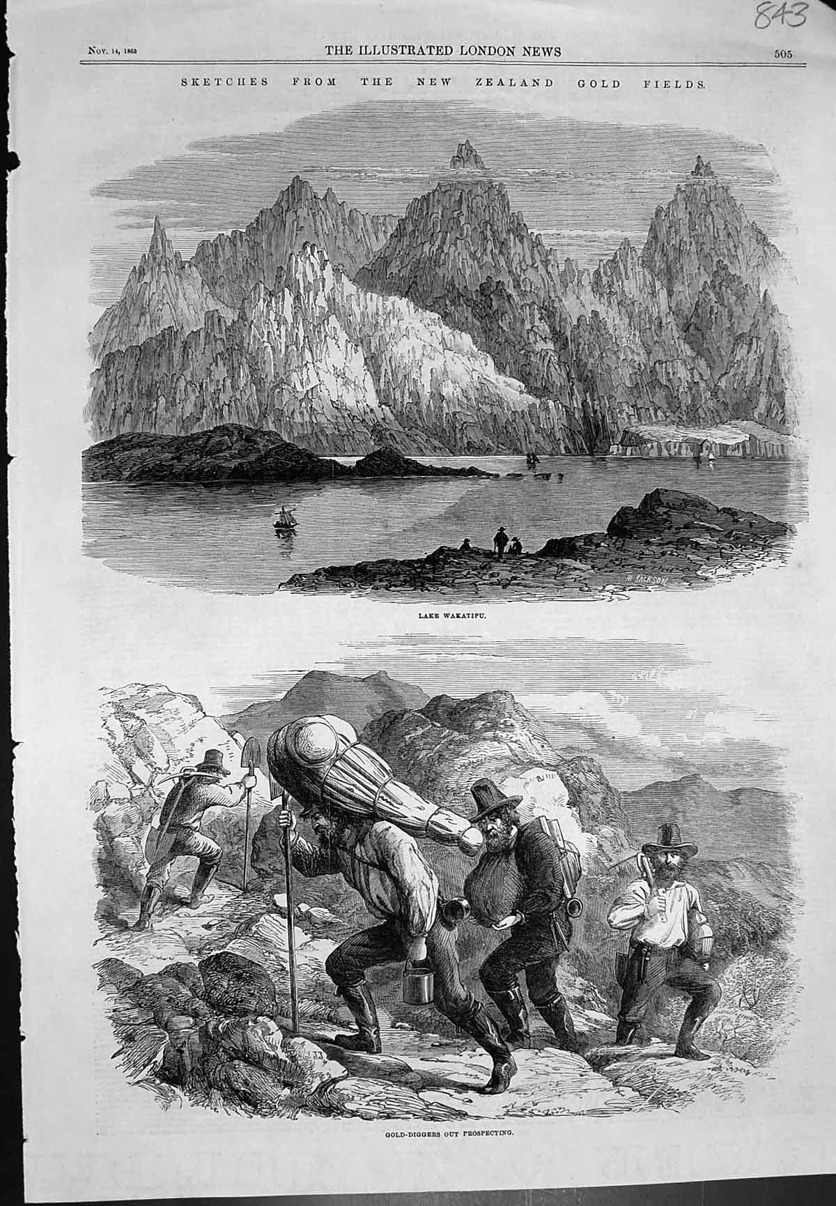 Antique Old Print New Zealand GFields Lake Wakatipu GDiggers Prospecting186
