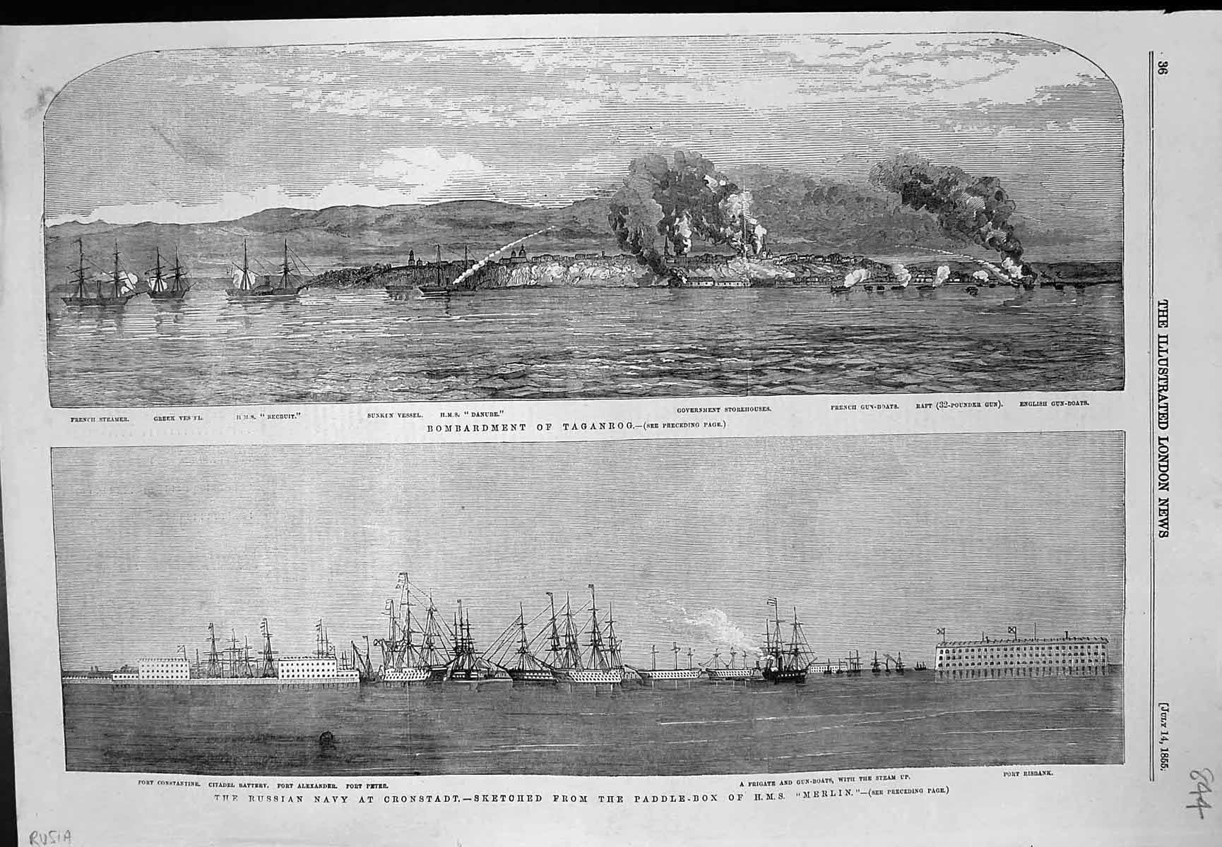 Antique Old Print Bombardment Taganrog Russian Navy Cronstadt Hms Merlin 1855