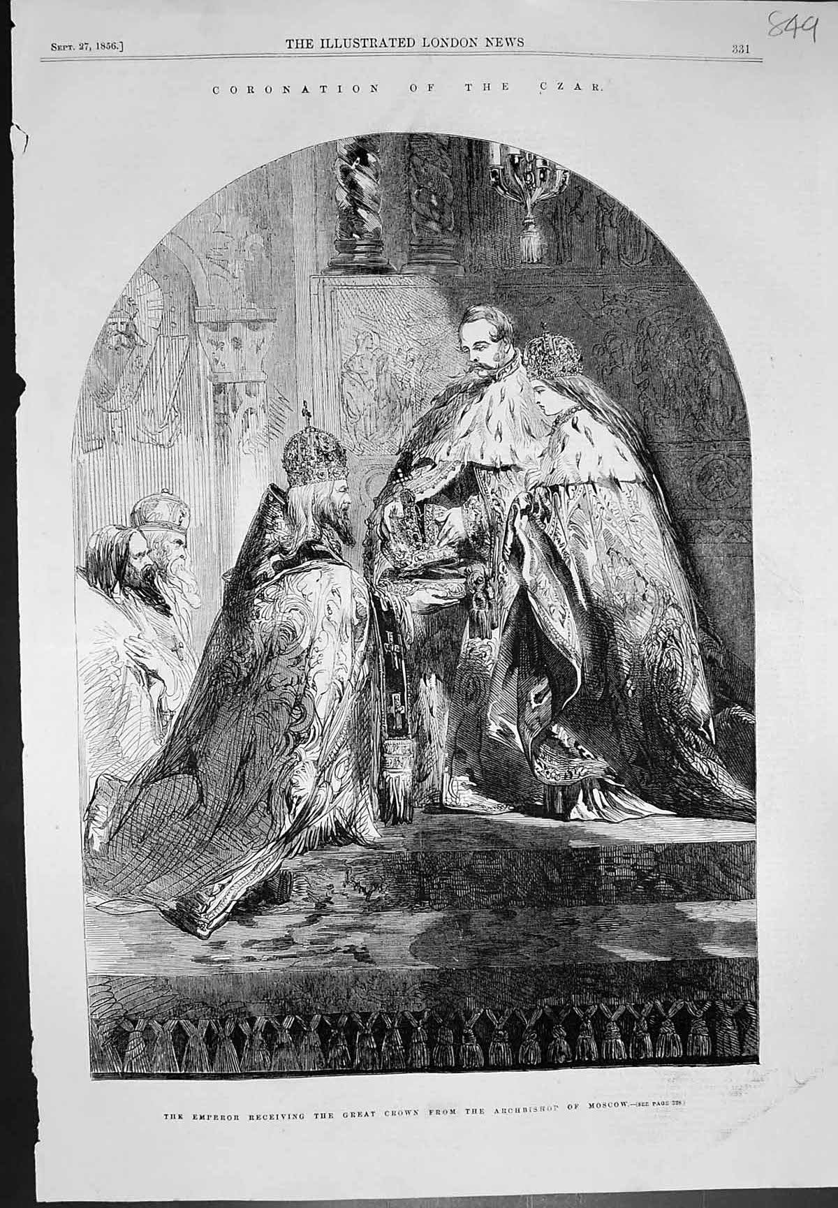 Old Print Coronation Czar Emperor Receiving Crown Archbishop Moscow 1856 19th