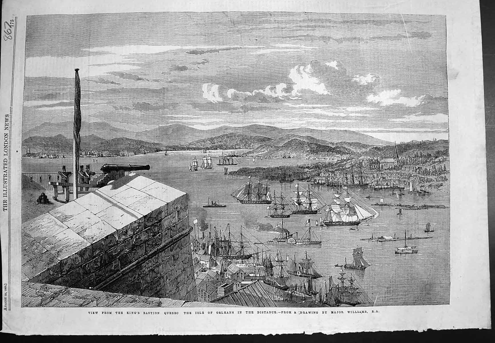 Old Print View From Kings Bastion Quebec Isle Orleans Major Williams 1860 19th