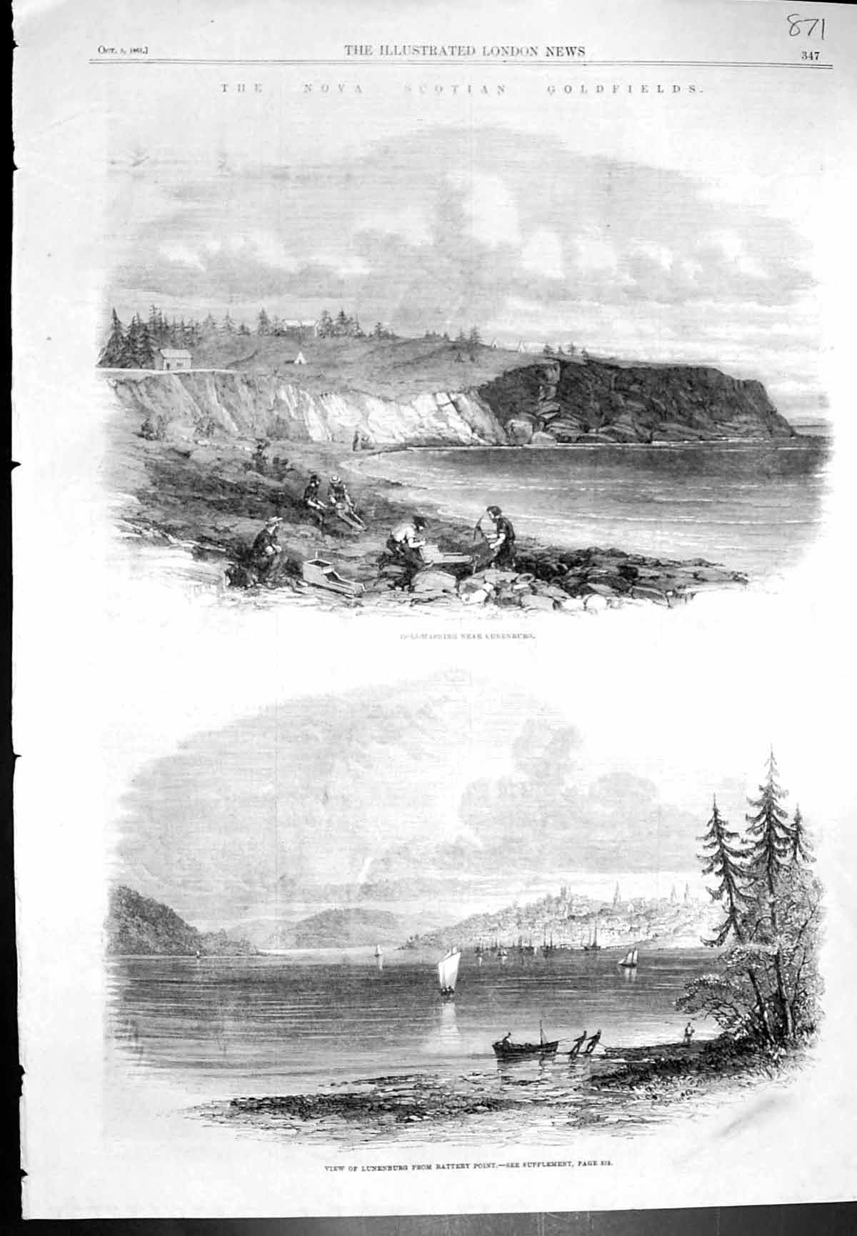 Antique Old Print Nova Scotian Gfields Gwashing Lunenburg Battery Point 1861