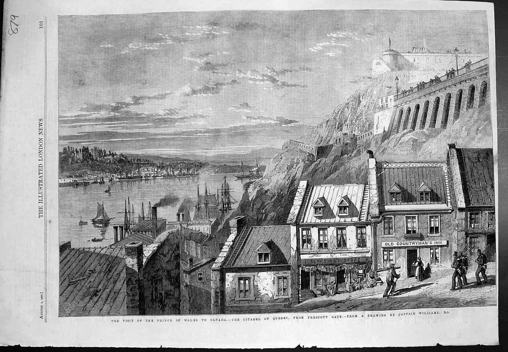 Antique Old Print Visit Prince Wales Canada Citadel Quebec Prescott Gate 1860