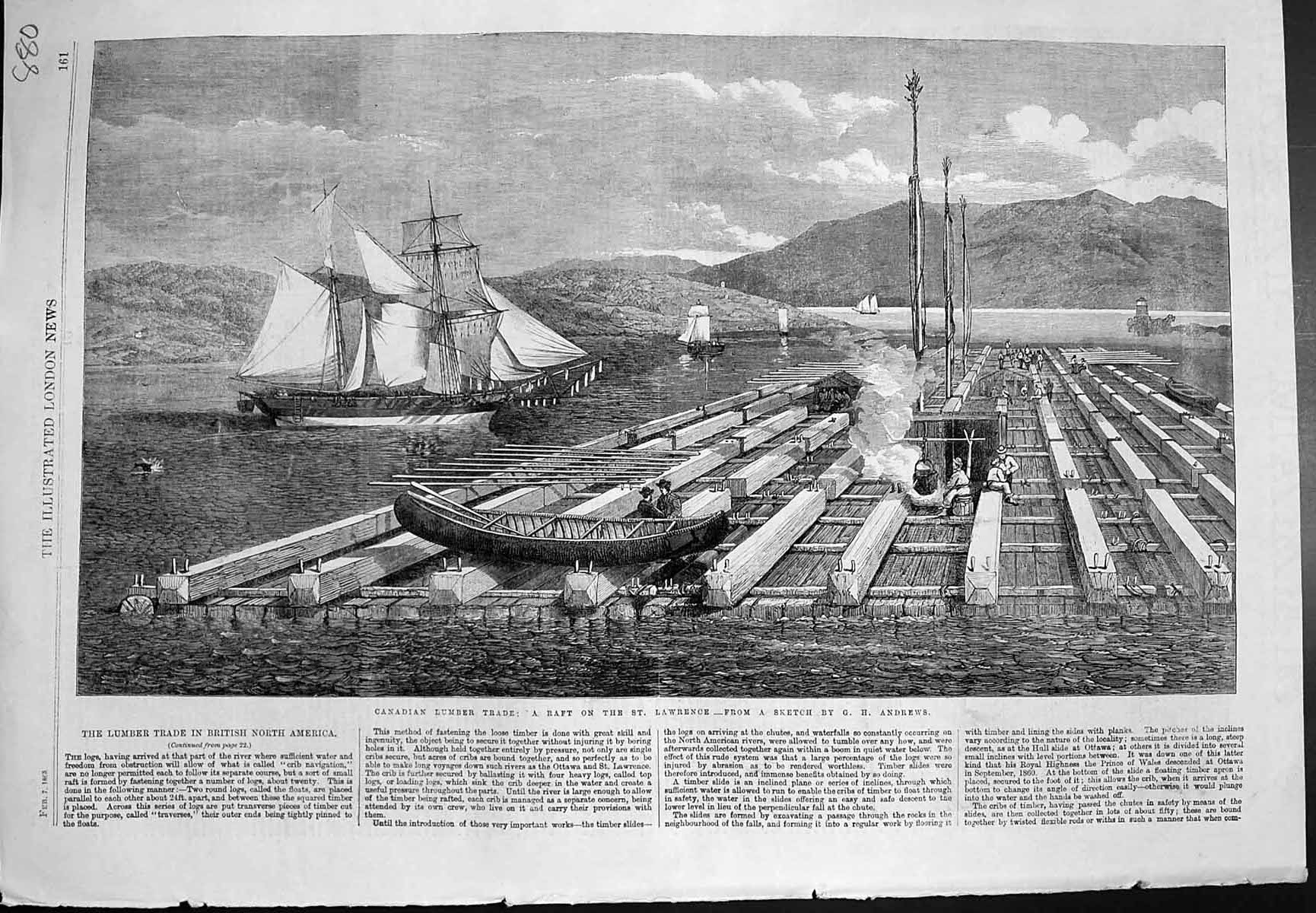 Old Antique Print Canadian Lumber Trade Raft St Lawrence G H Andrews 1863 19th