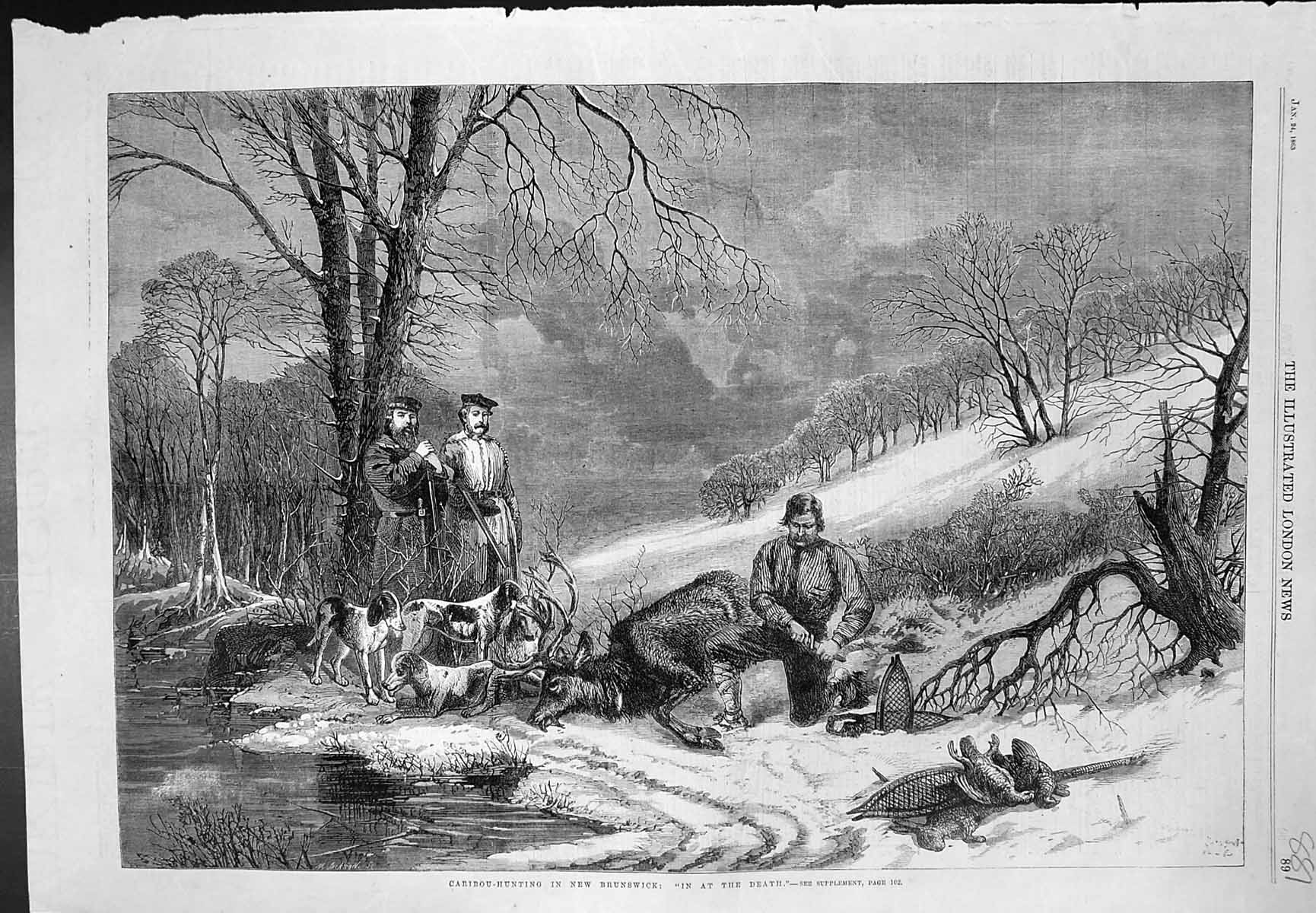 Original Old Antique Print Caribou Hunting New Brunswick In At Death 1863 19th