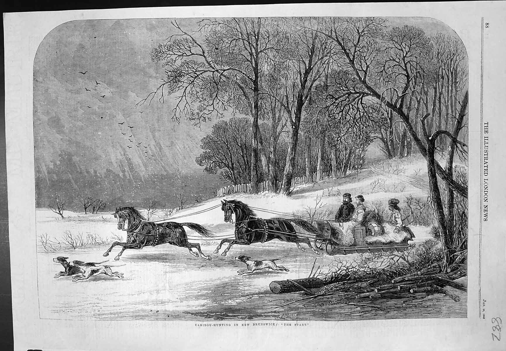 Original Old Antique Print Caribou Hunting New Brunswick The Start 1863 19th
