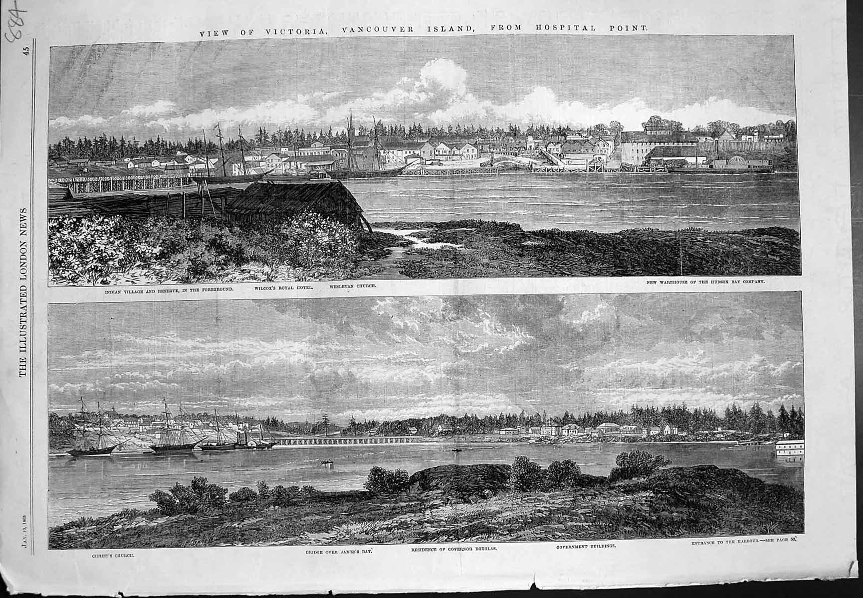 Old Print Victoria Vancouver Island Hospital Point Bridge Jamess Bay 1863 19th