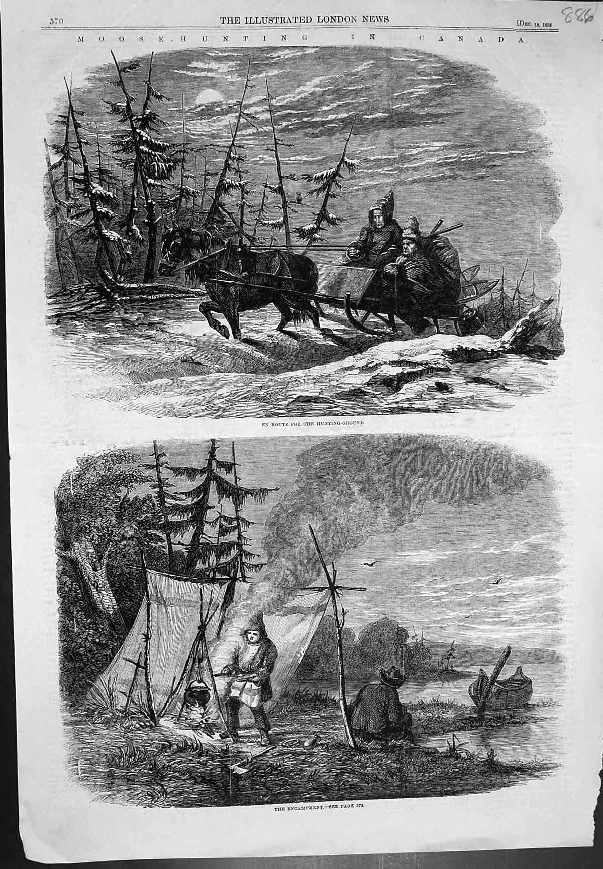Antique Print Moose Hunting Canada En Route Hunting Ground Encampment 1858 19th