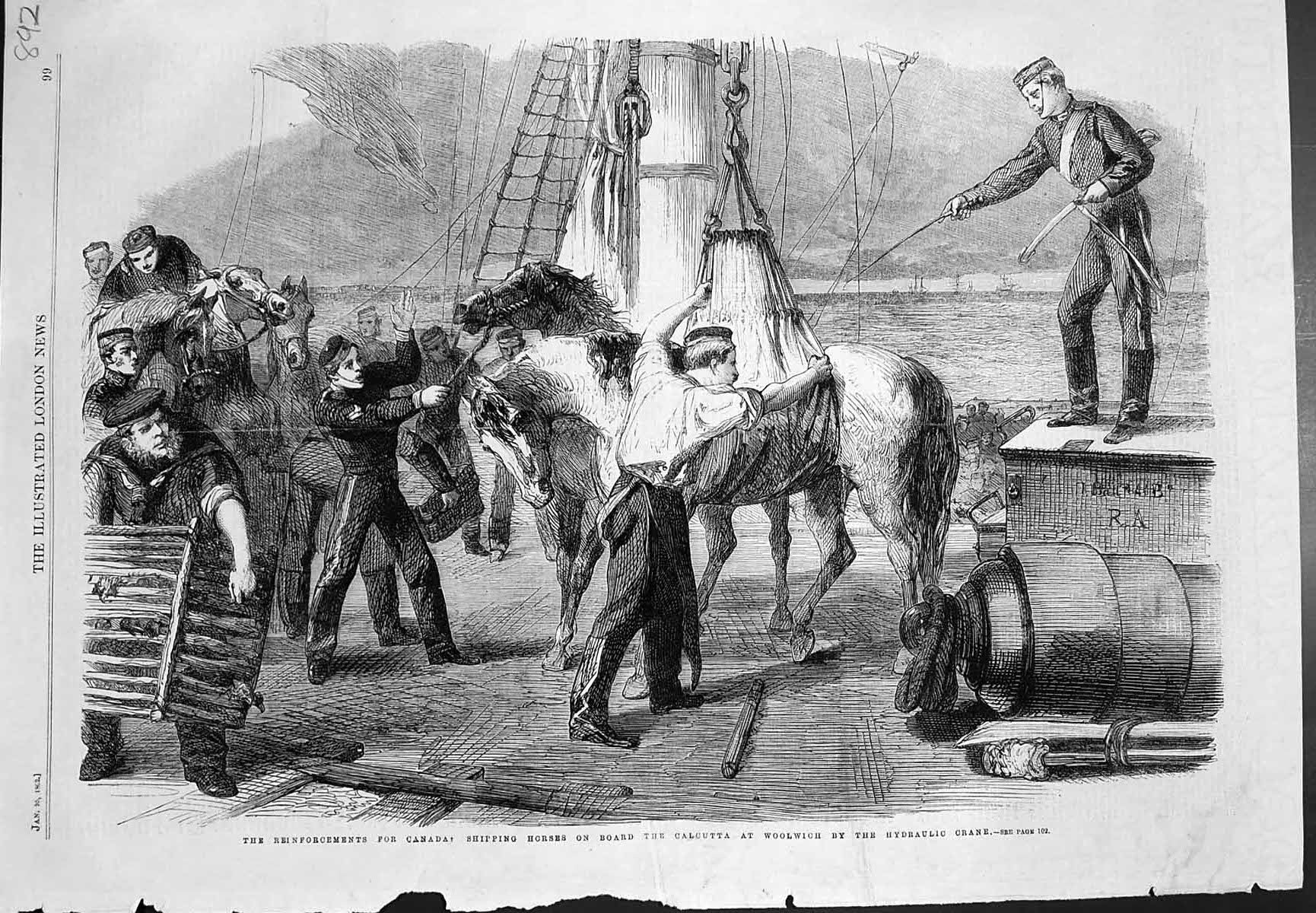 Antique Print Reinforcements Canada Shipping Horses Calcuttal Woolwich 1862