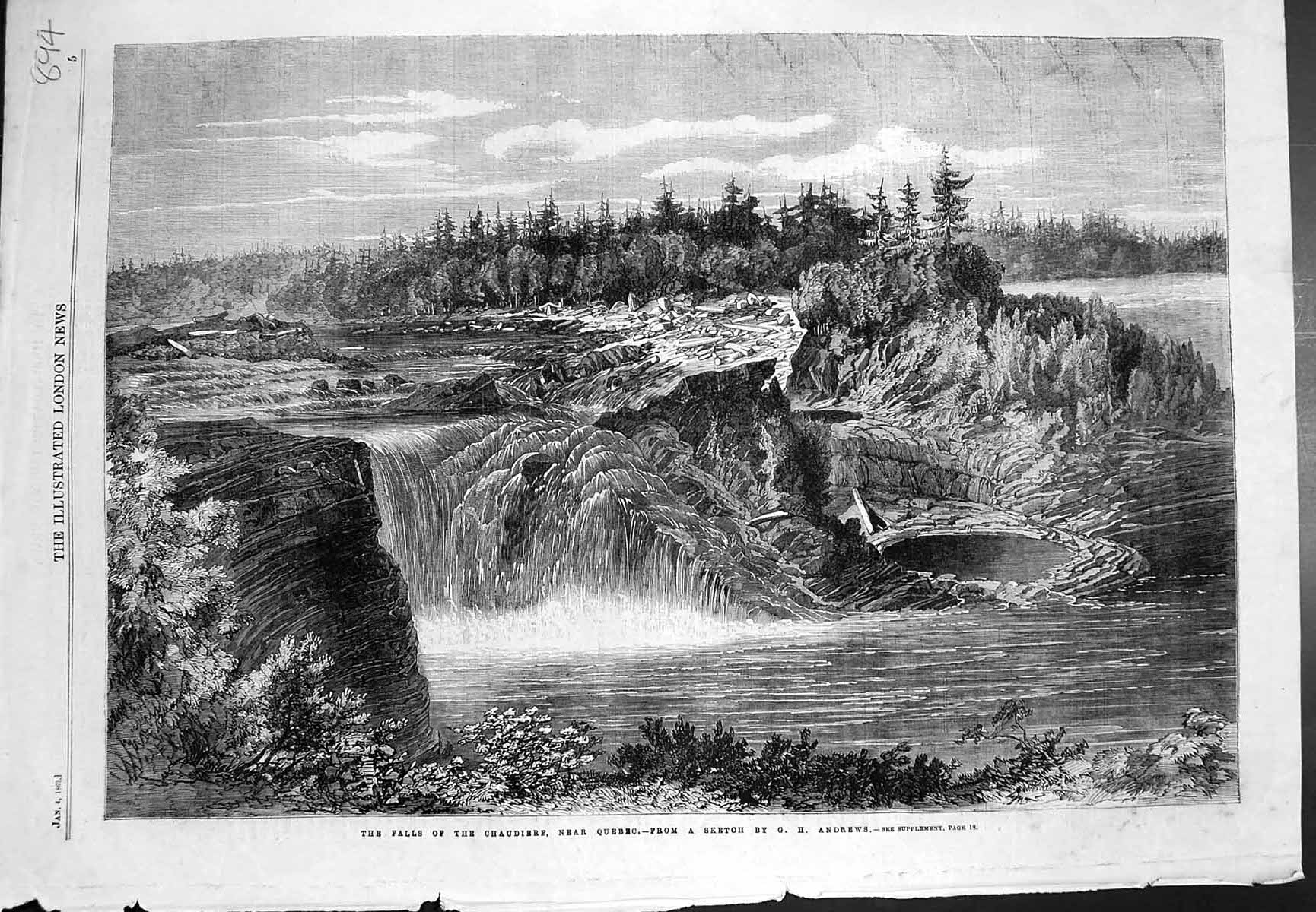 Original Old Antique Print Falls Chaudierre Near Quebec G H Andrews 1862 19th