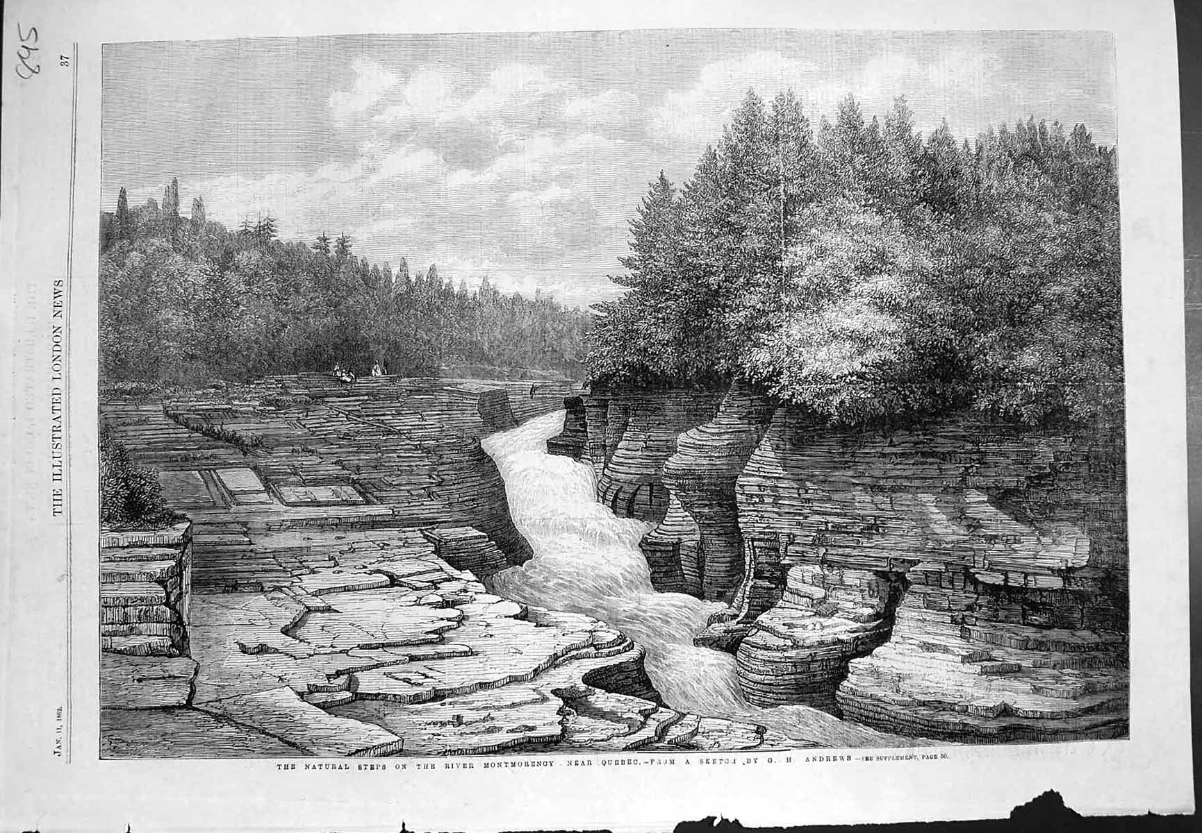 Old Print Natural Steps River Montgomerency Near Quebec G H Andrews 1862 19th