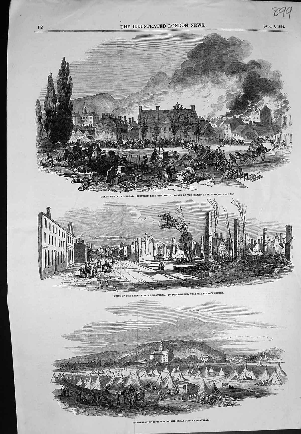 Antique Print Gereat Fire Montreal Champ De Mars Ruins Camp Sufferers 1852 19th