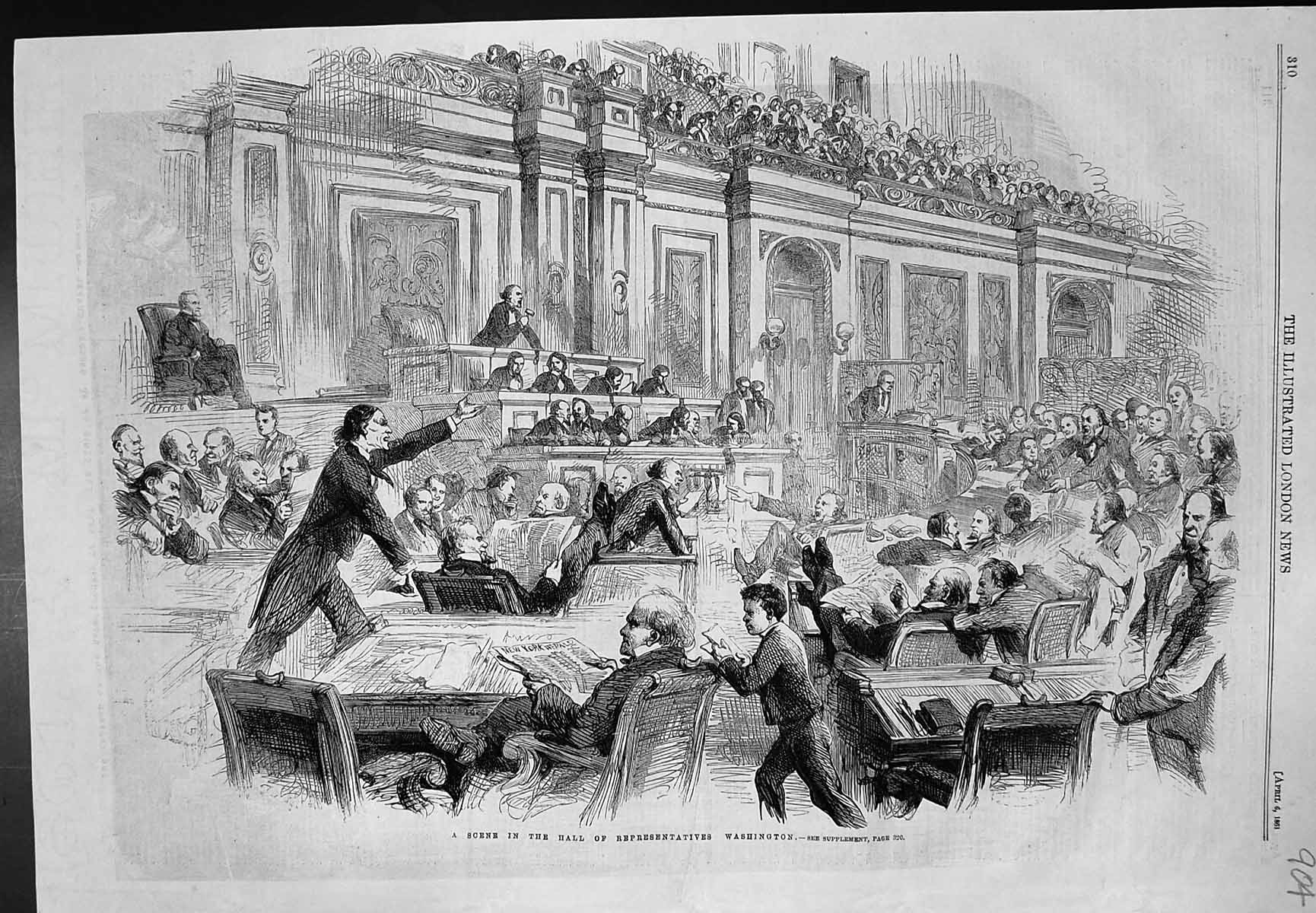 Antique Old Print Scene Hall Representatives Washington Heated Debate 1861 19th