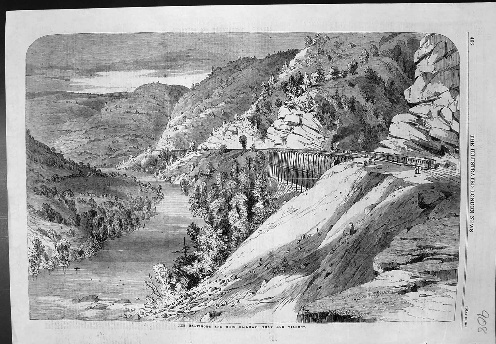 Original Old Antique Print Baltimore Ohio Railway Tray Run Viaduct 1861 19th