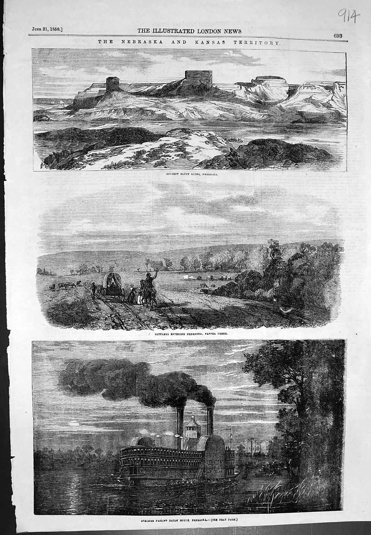 Old Print Nebraska Kansas Territory Bluff Ruins Settlers Pappa Creek 1856 19th