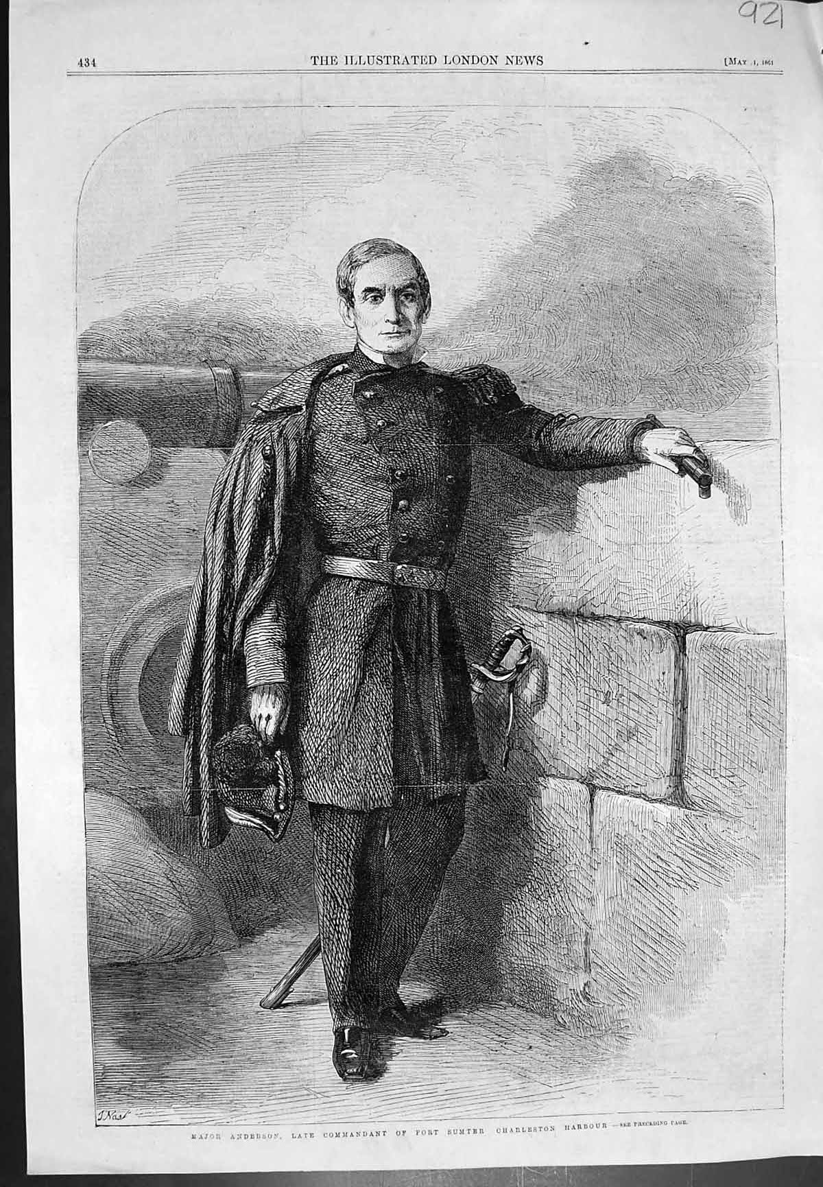 Antique Print Major Anderson Commandant Fort Sumter Charleston Harbour 1861