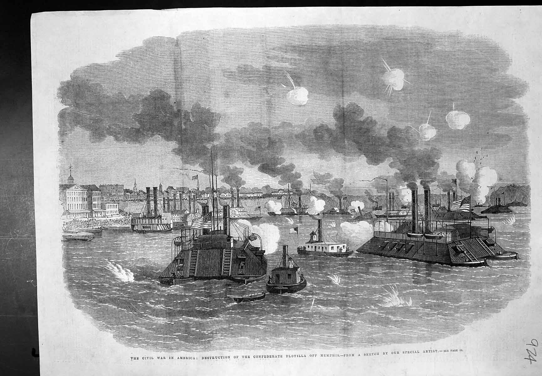 Old Antique Print Civil War America Destruction Flotilla Off Memphis 18 19th