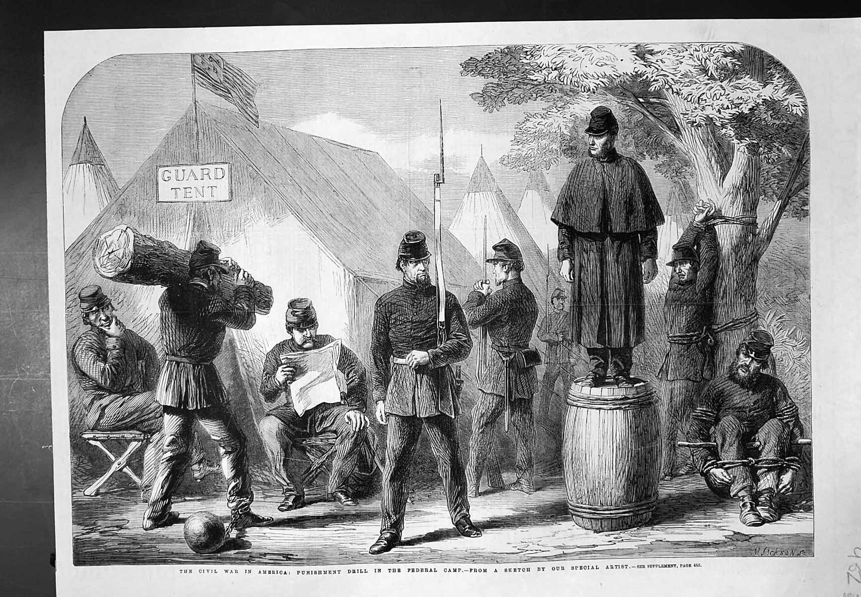 Original Old Antique Print Civil War America Punishment Drill Federal Camp 1861