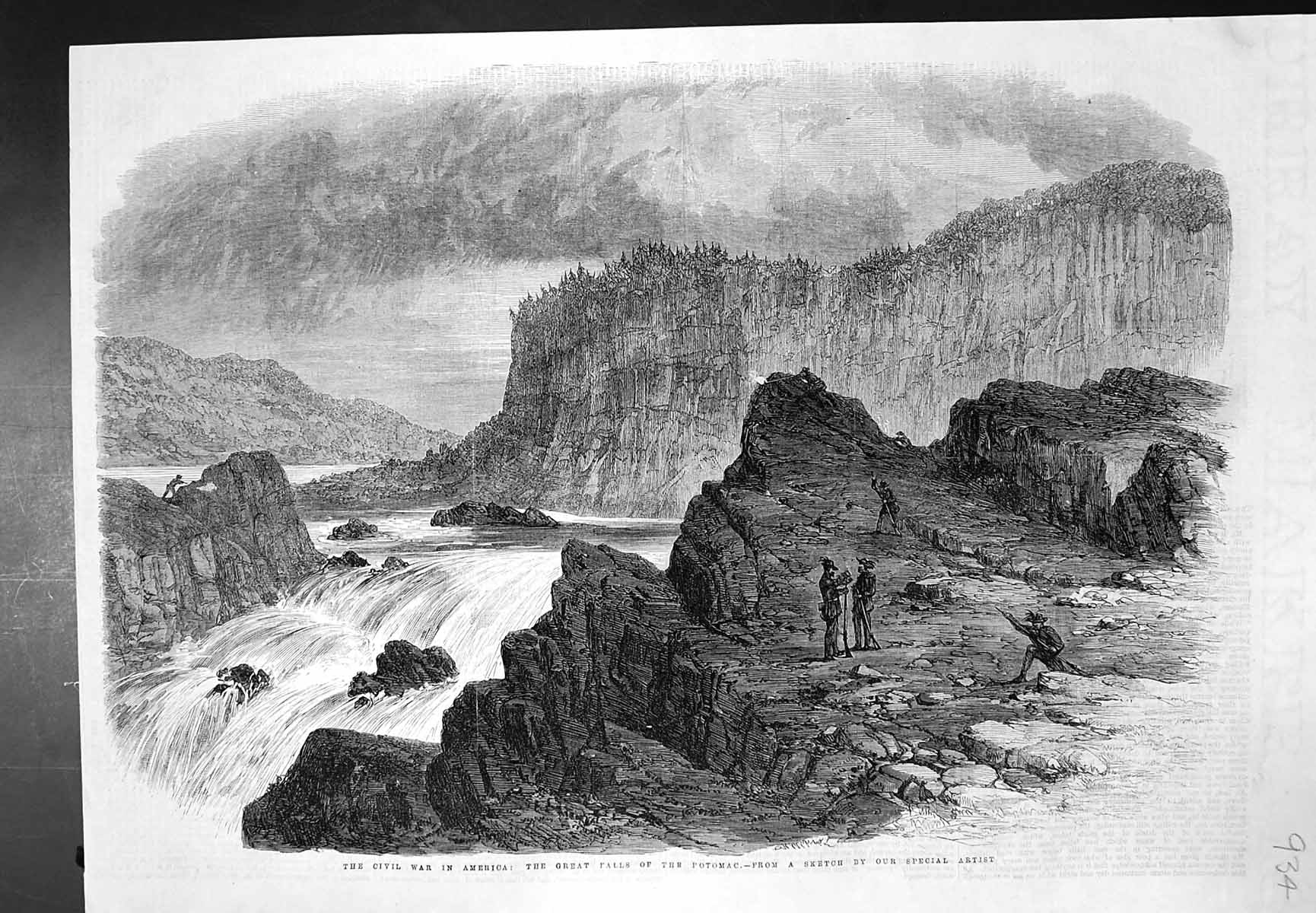 Original Old Antique Print Civil War America Great Falls Potomac 1861 Victorian