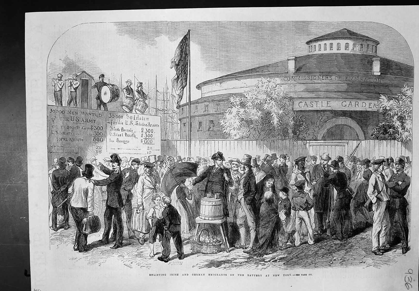 Old Antique Print Enlisting Irish German Emigrants Battery New York 1864 19th