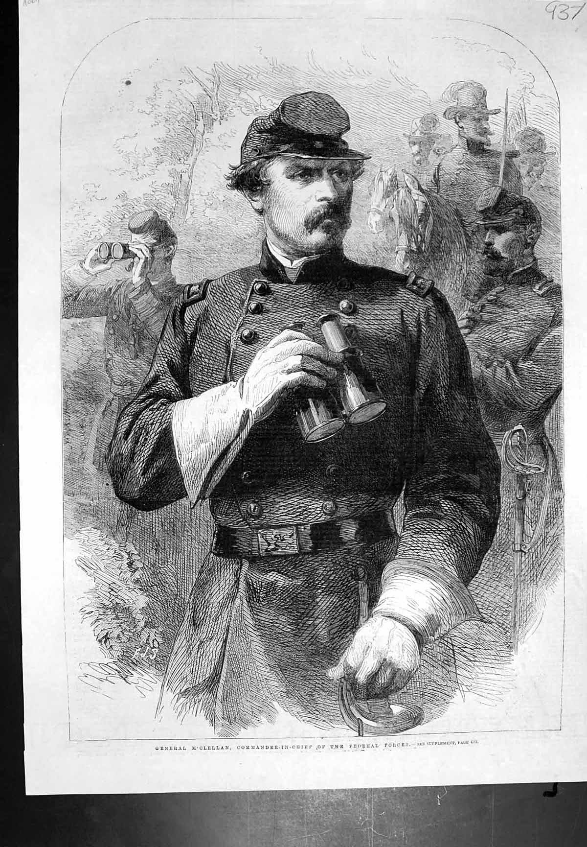 Antique Old Print General M'Clellan Commander In Chief Federal Forces 1864 19th