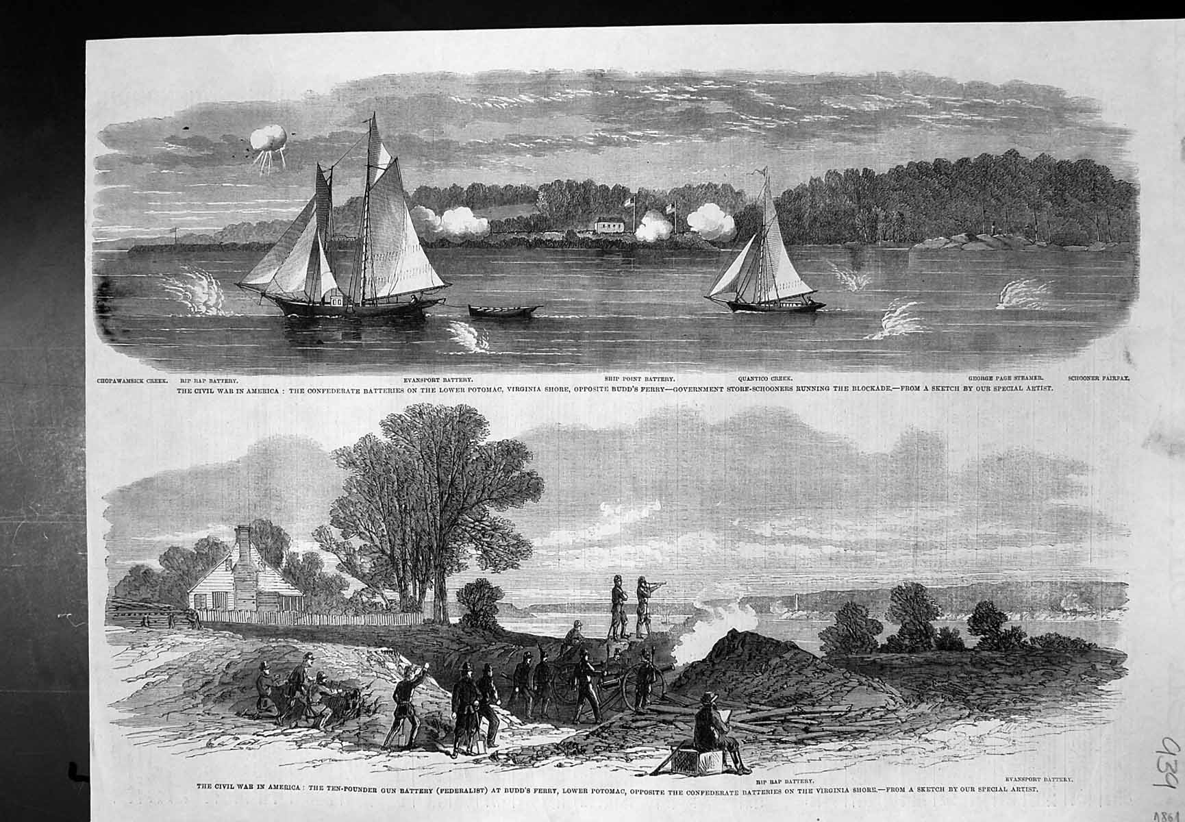 Antique Print War America Civil War Batteries Budds Ferry Federalists 1861 19th