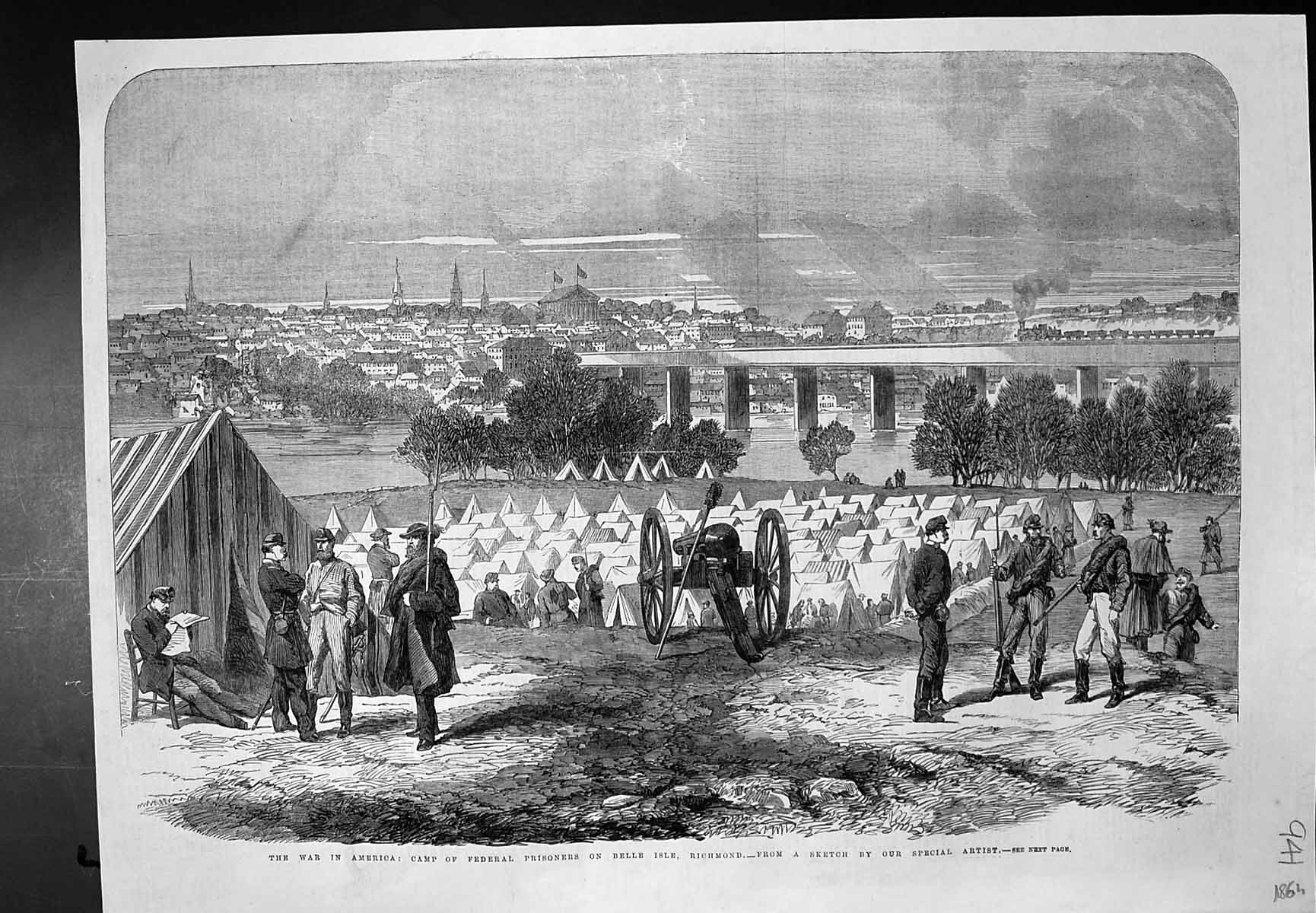Antique Old Print War America Camp Federal Prisoners Belle Isle Richmond 1864