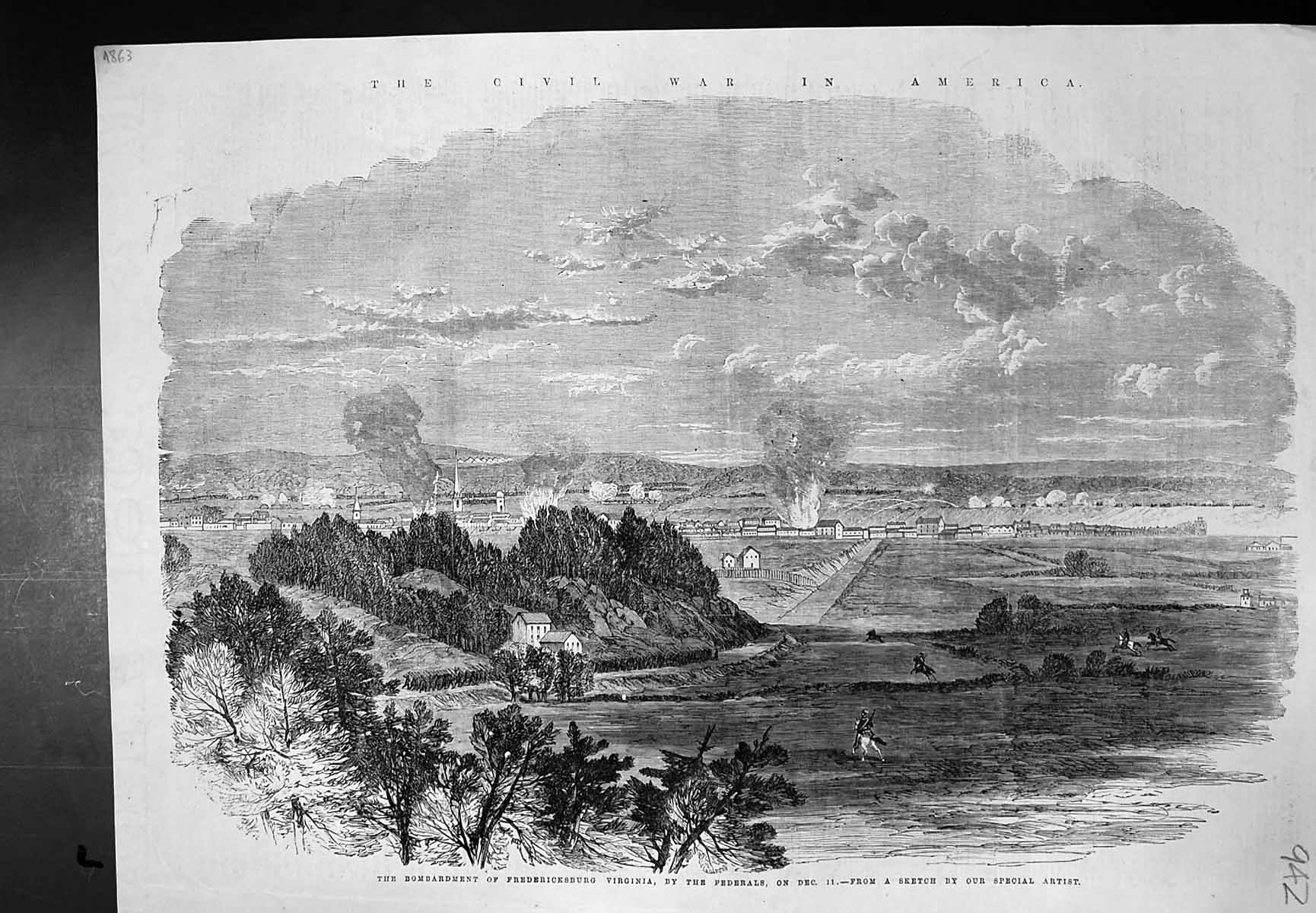 Antique Old Print Civil War America Bombardment Fredericksburg Federals 1864
