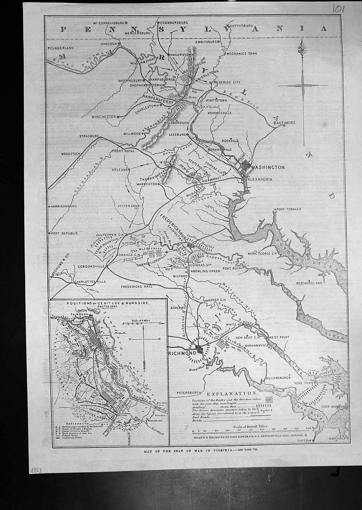 Original Old Antique Print Map Seat War Virginia Washington Richmond 1863 19th