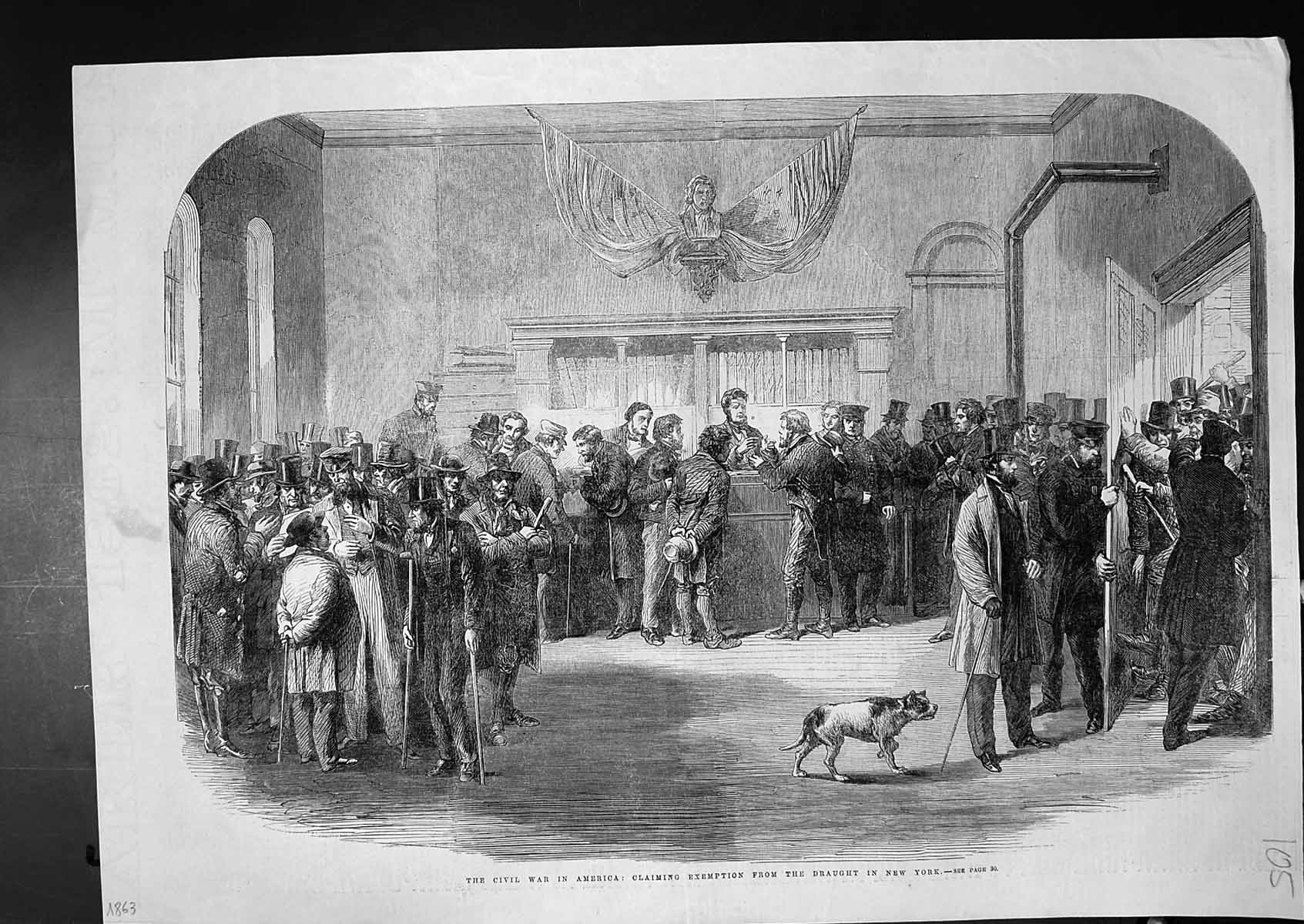 Antique Old Print Civil War America Claiming Exemption Draught New York 1863