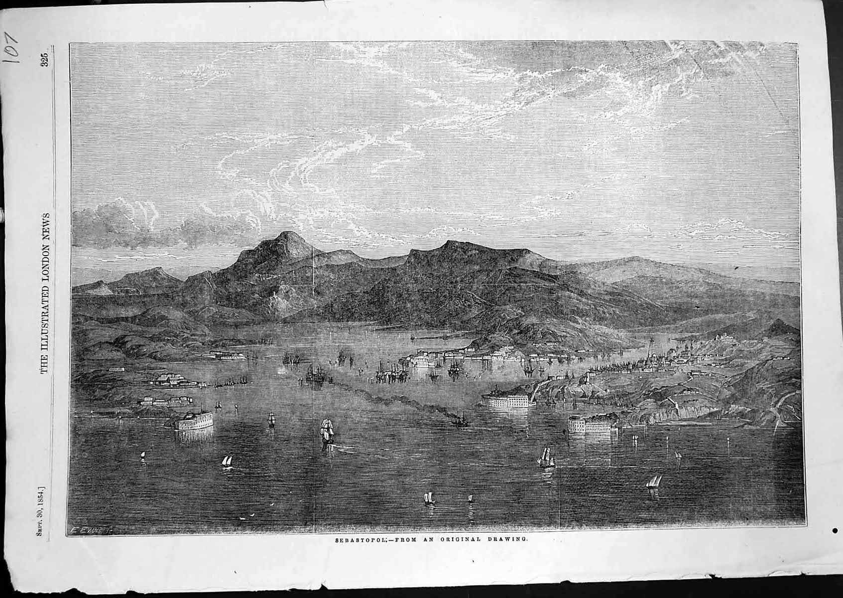 Original Old Antique Print Sebastopol Town Ships Bay 1854 19th